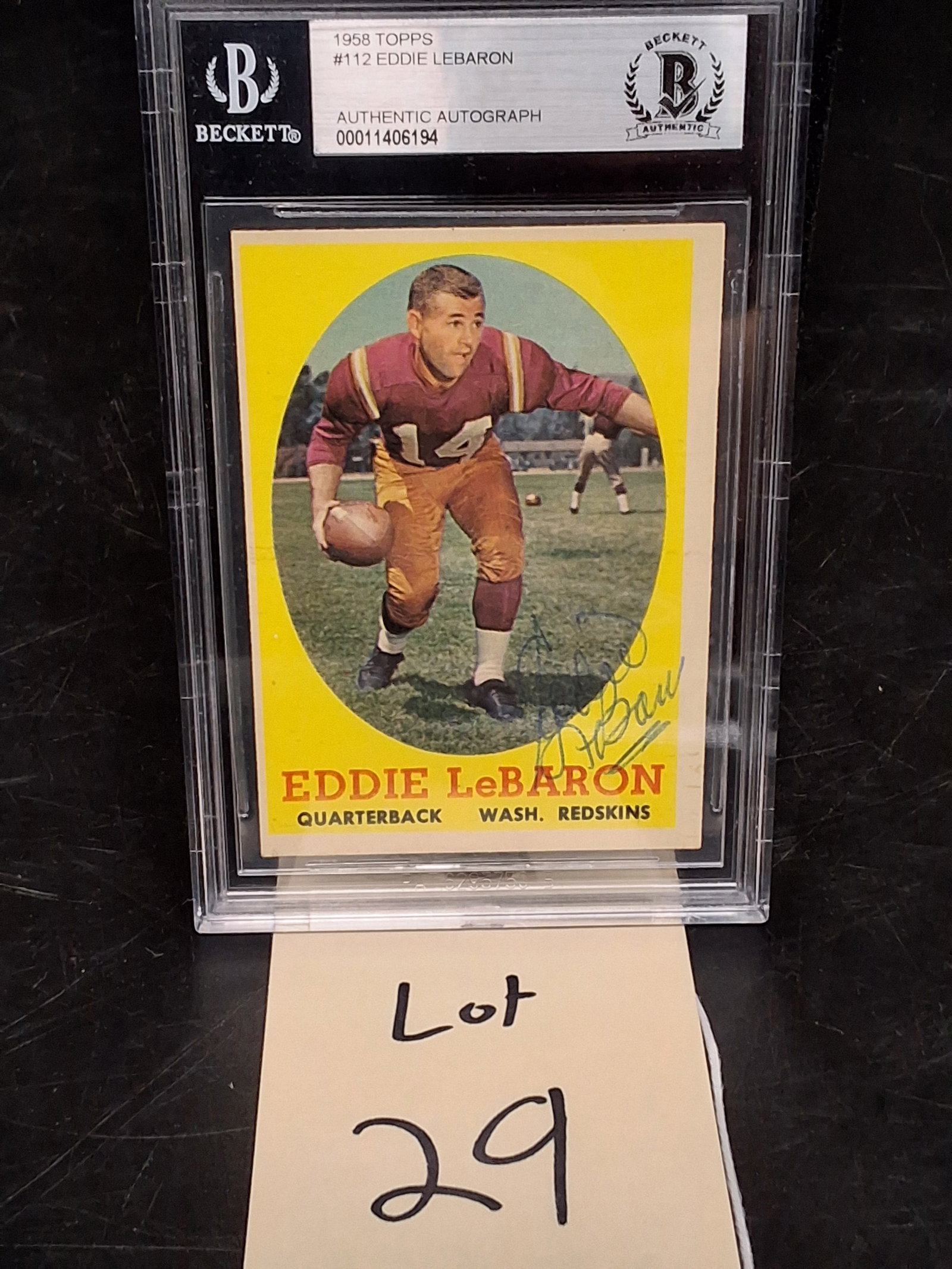 1958 Topps Eddie Lebaron Beckett Authentic Autograph: 1958 Topps Eddie Lebaron Beckett Authentic Autograph Condition All property is sold in "as is" condition and all sales are final. Teel Auctions and its consignor make no representations or warranties,