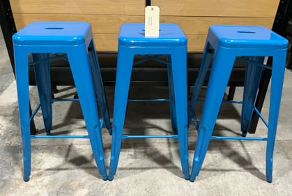 Three Blue Metal 30-Inch Tall Bar Stools