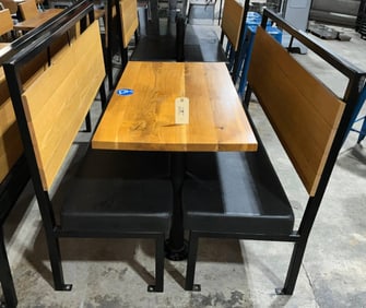 Table and Bench Set with Black Seats and Wooden Backrests