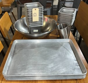 27 Stainless Steel Pans, Bowl, and Trays, 21 x 16 Inch Trays