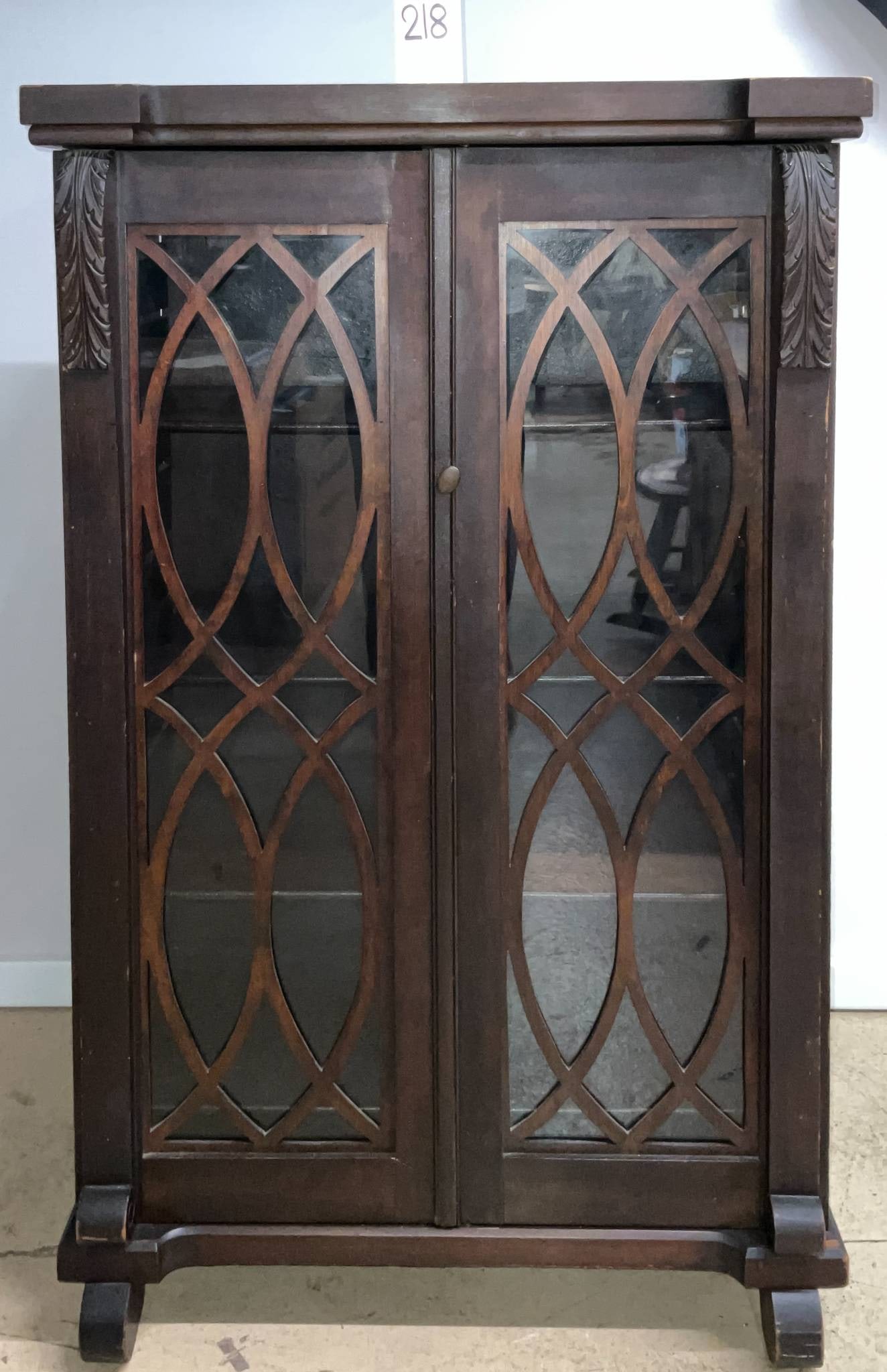 Early 20th Century Wood Display Cabinet with Glass Doors and Carved Details (1 of 6)