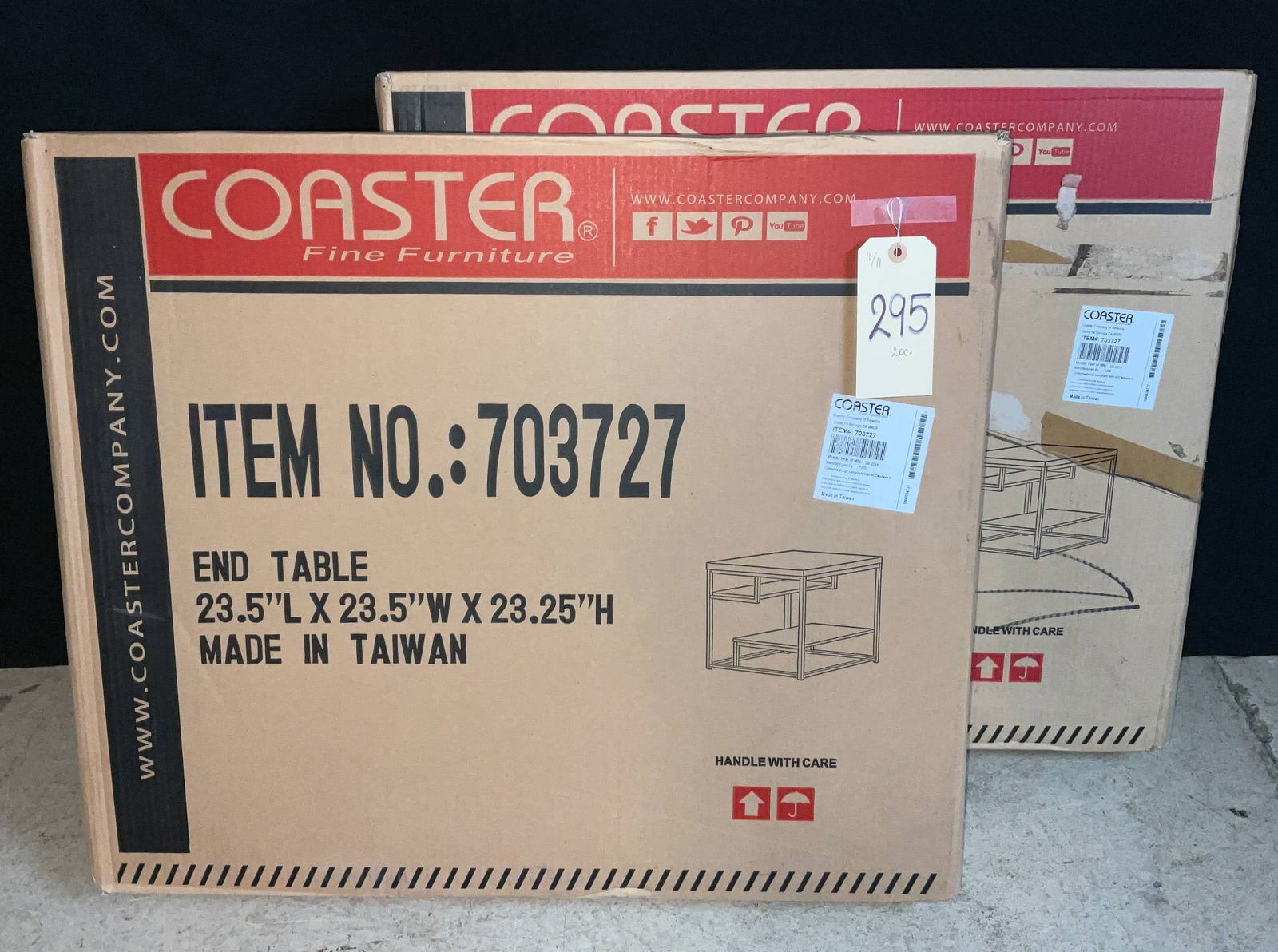 Coaster End Tables in Original Packaging: Coaster brand end tables, model number 703727, in original unopened boxes. Each table measures 23.5 inches in length, width, and height. Manufactured in Taiwan and designed for versatile use as living