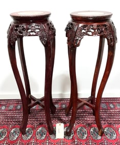 Asian Carved Wood Pedestals with Marble Tops, 36 Inches High