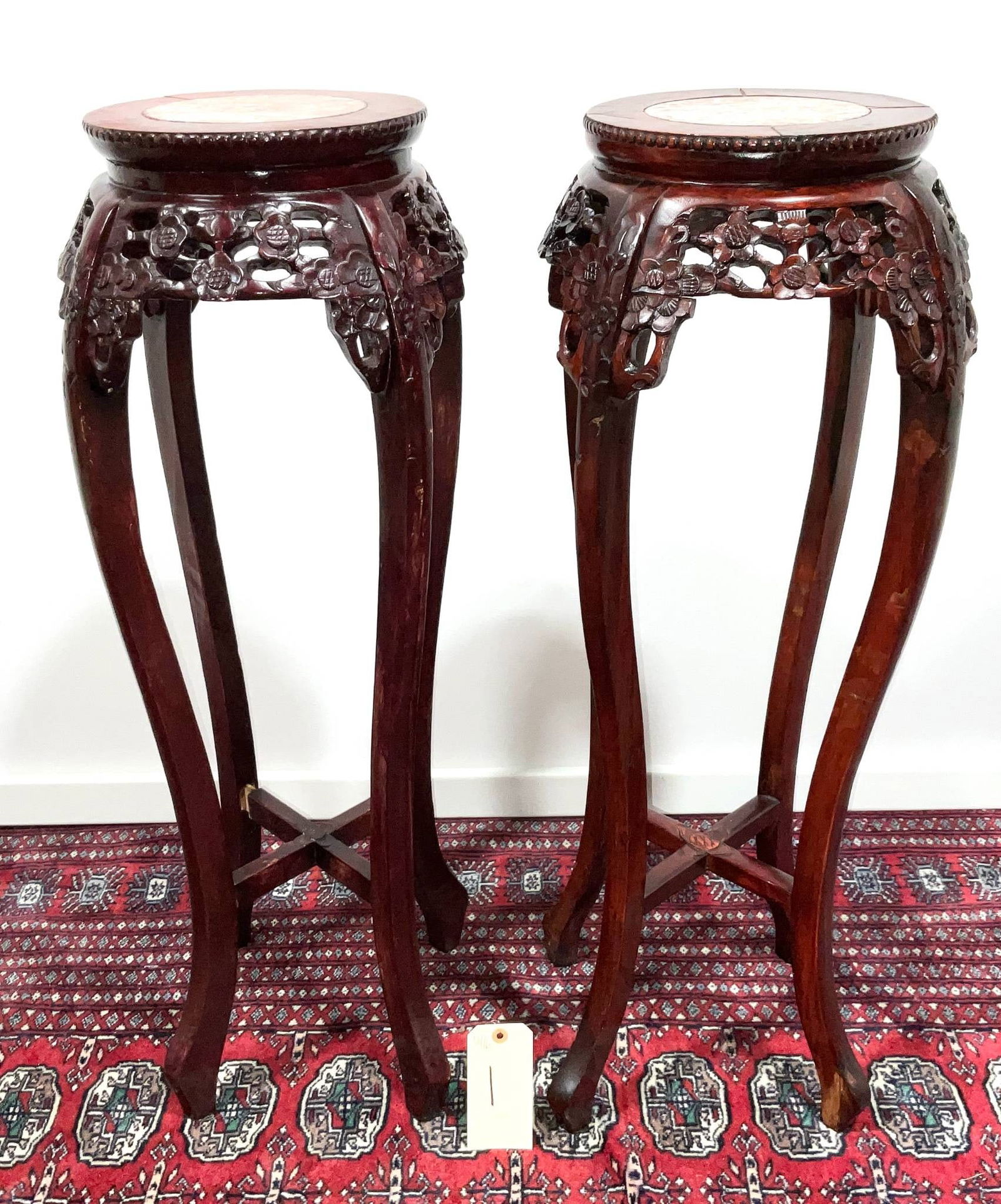 Asian Carved Wood Pedestals with Marble Tops, 36 Inches High