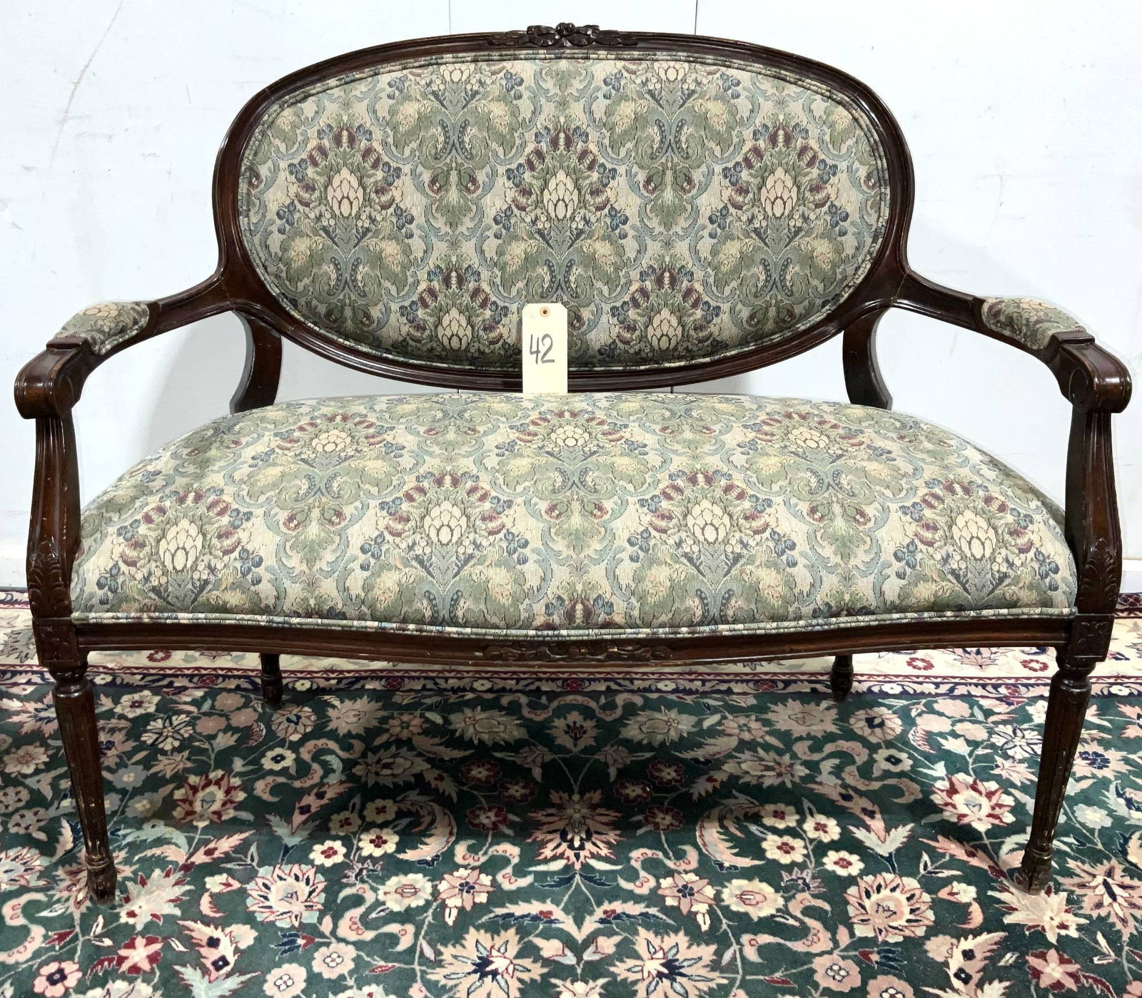Victorian-Style Upholstered Settee with Carved Wood Frame (1 of 6)