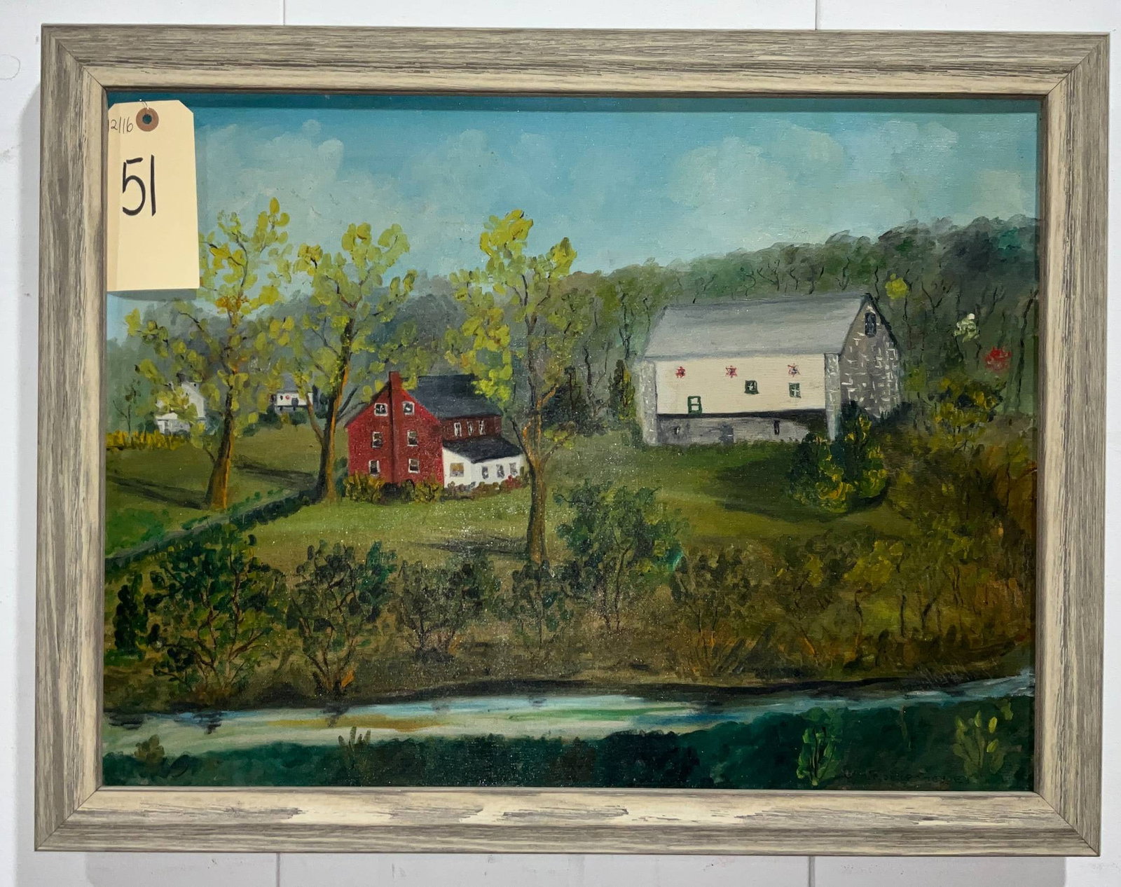 Wayne Rothenberger Signed Painting on Canvas Depicting Rural Landscape, 27 x 21 Inches: Painting on canvas signed by Wayne Rothenberger, depicting a serene rural landscape. Features include a red farmhouse, neighboring barn, lush tree-lined surroundings, and a stream in the foreground. T