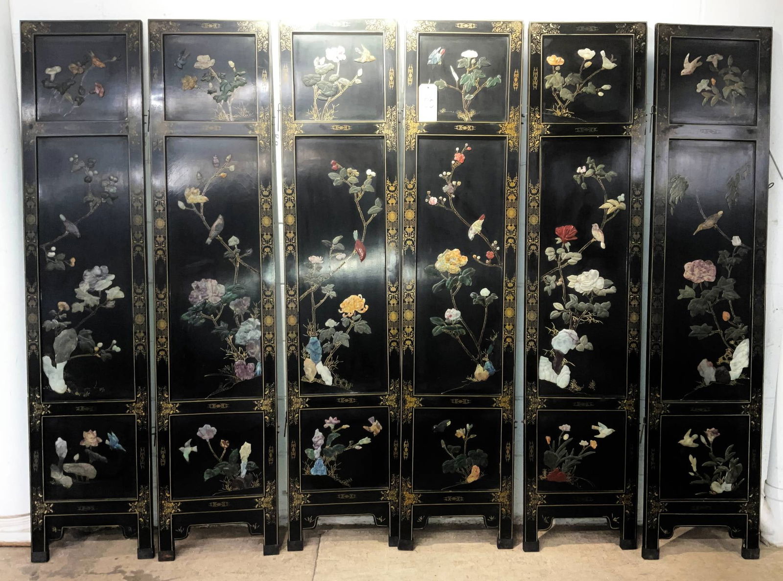 Six-Panel Asian Motif Screen with Inlaid Floral and Bird Designs (1 of 4)