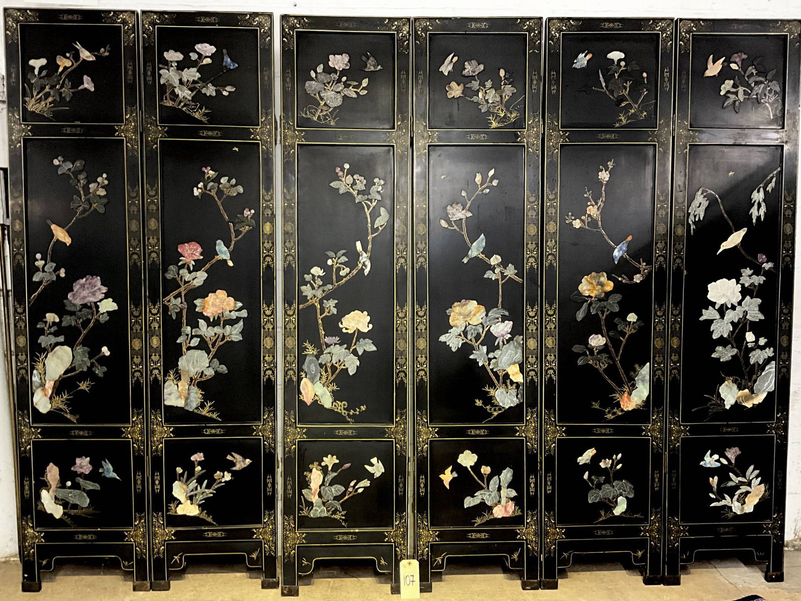 Asian-Decorated Black Lacquered 6-Panel Screen with Inlaid Floral and Bird Motifs (1 of 4)