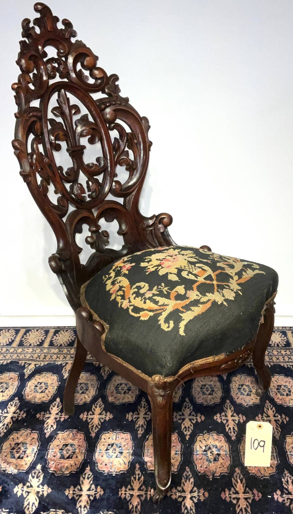 Victorian Carved Wood Chair with Needlepoint Upholstered Seat (1 of 5)
