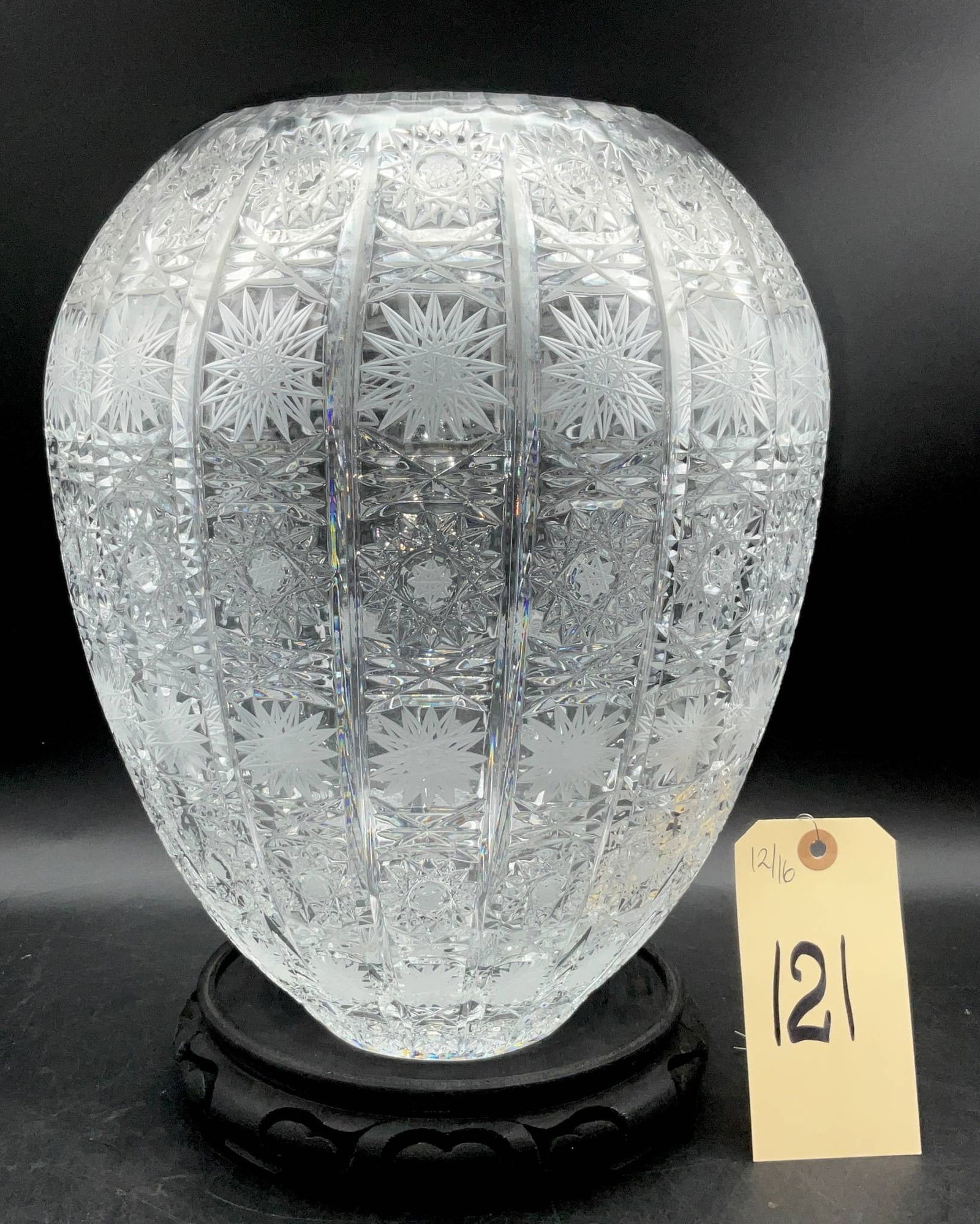 Large Bohemian Cut Crystal Vase with Carved Wooden Base (1 of 5)