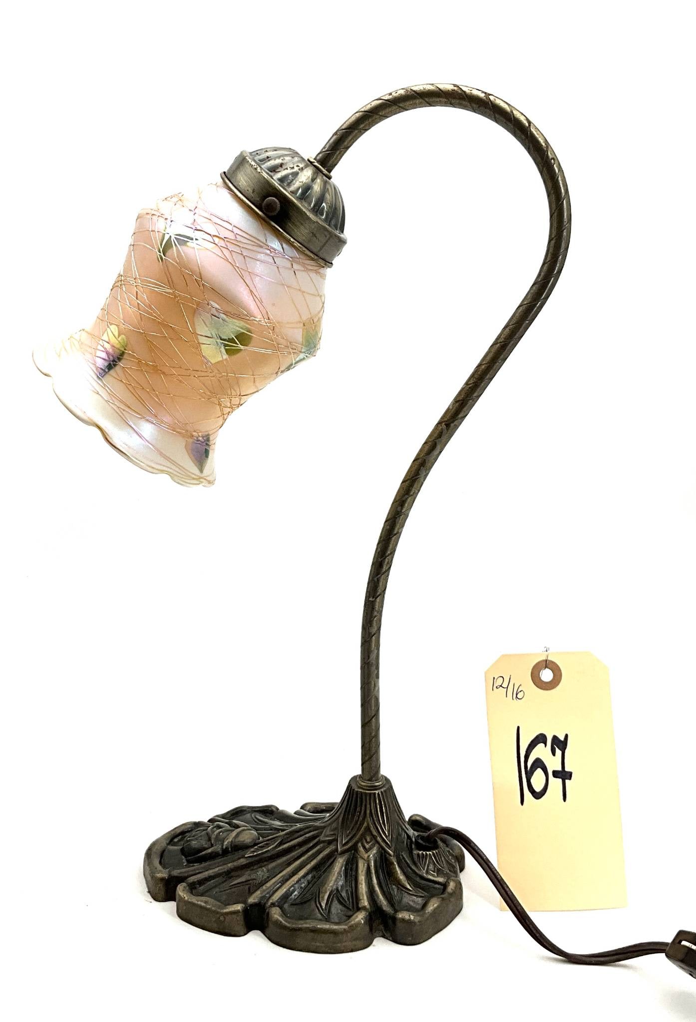 Art Nouveau Gooseneck Table Lamp with Quezal Glass Shade and Lily Pad Motif (1 of 6)