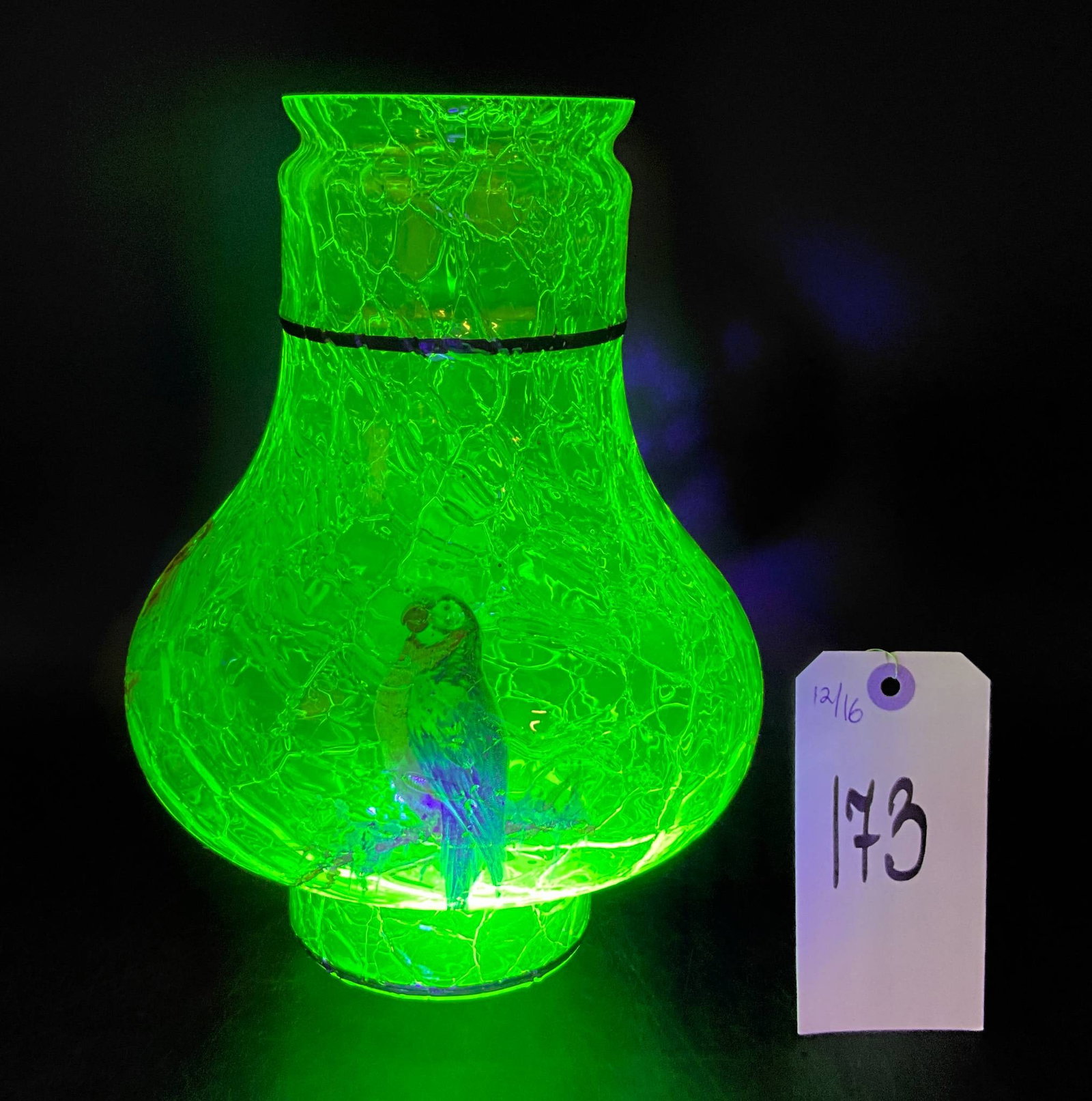 Antique Uranium Crackle Glass Shade with Parrot Decoration, 7 Inches Diameter, 11 Inches High: Uranium crackle glass shade featuring an intricate parrot decoration painted on the exterior surface. Measures 7 inches in diameter and 11 inches in height. Constructed with a crackle glass texture th