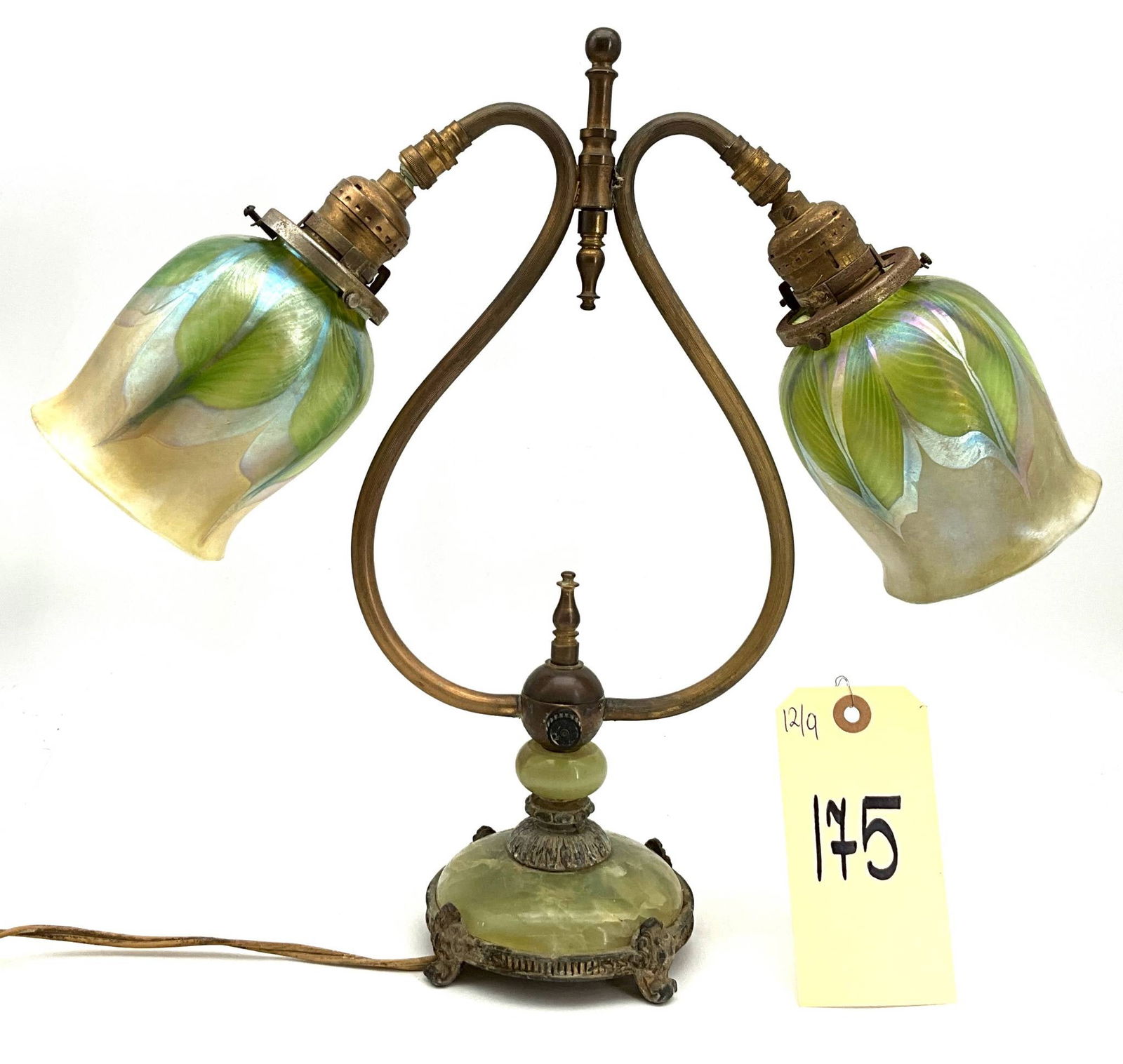 Art Nouveau Newel Post Lamp with Pulled Feather Tulip Shades Marked L.C.T, 14.5 Inches Tall, As-is. (1 of 10)