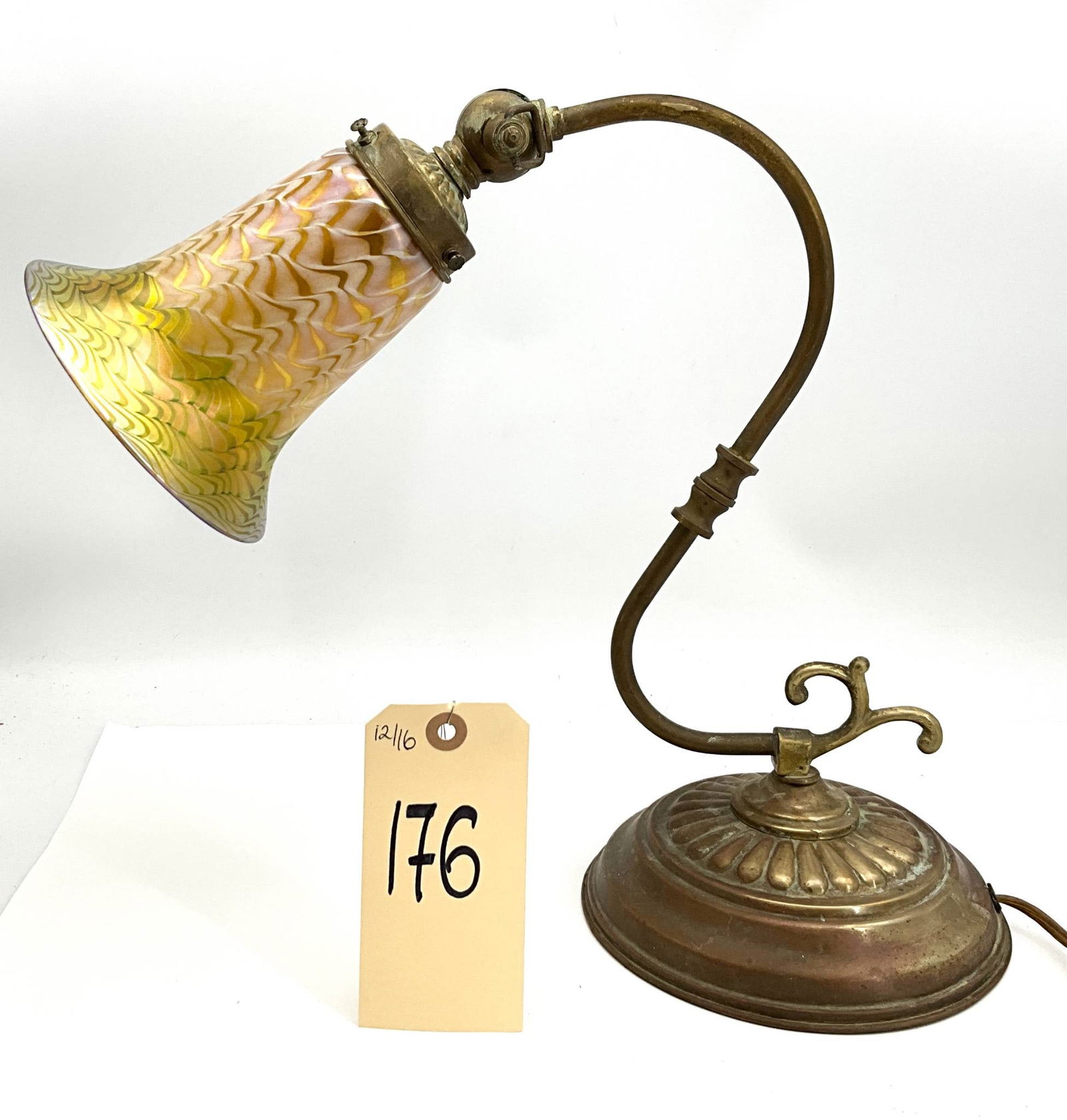 Art Nouveau Gooseneck Lamp with Lustre Art Pulled Feather Shade, 13.5 Inches Tall (1 of 7)