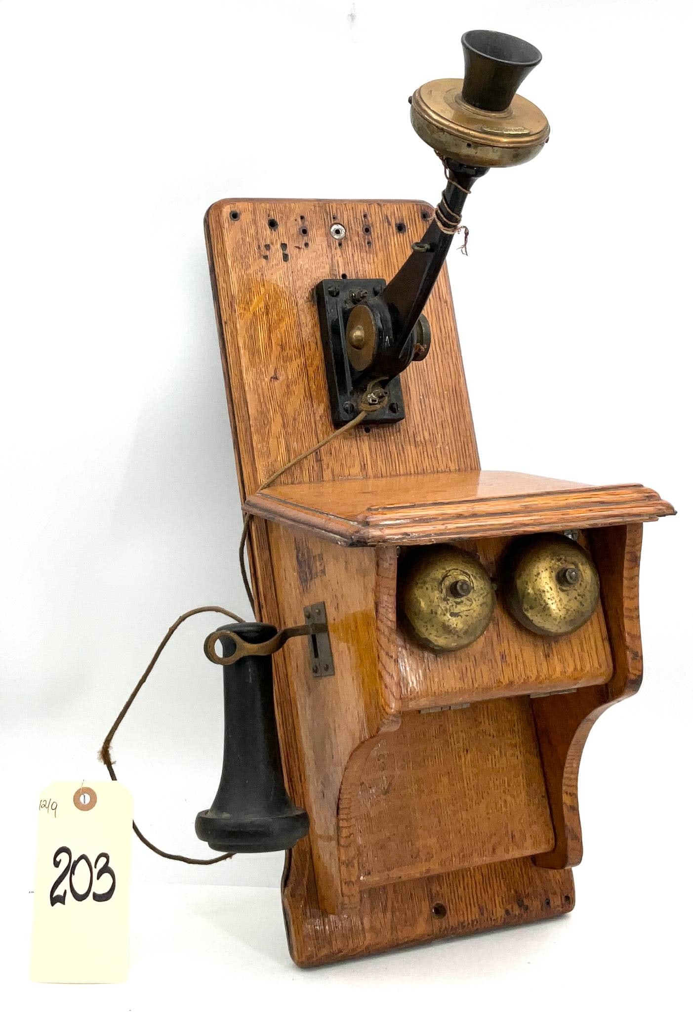 Antique Oak Wall-Mounted Telephone with Brass and Metal Components, 8 in x 20 in (1 of 6)