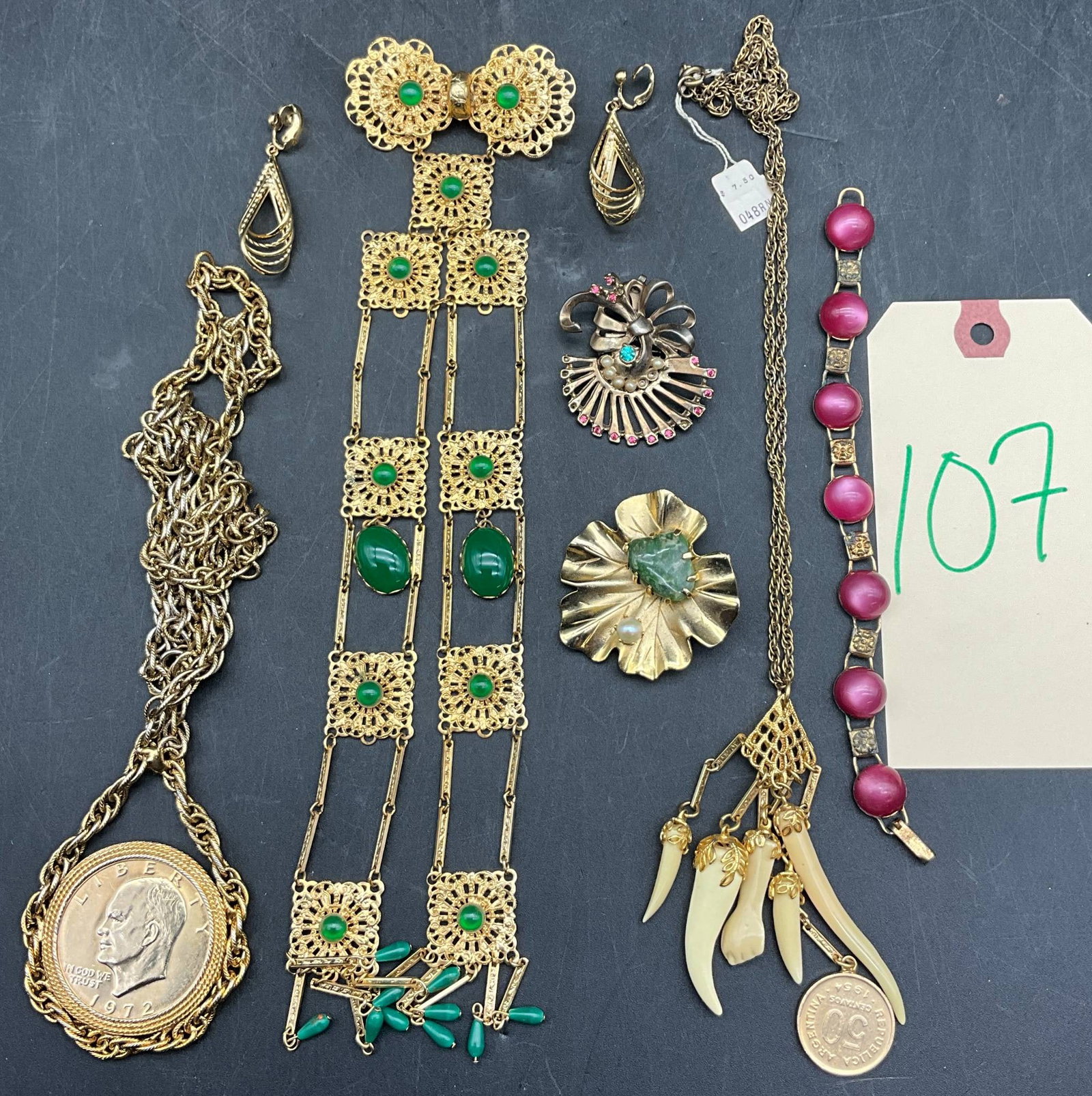 Gold-Toned Jewelry with Eisenhower Dollar Pendant and Green Stone Accents (1 of 5)