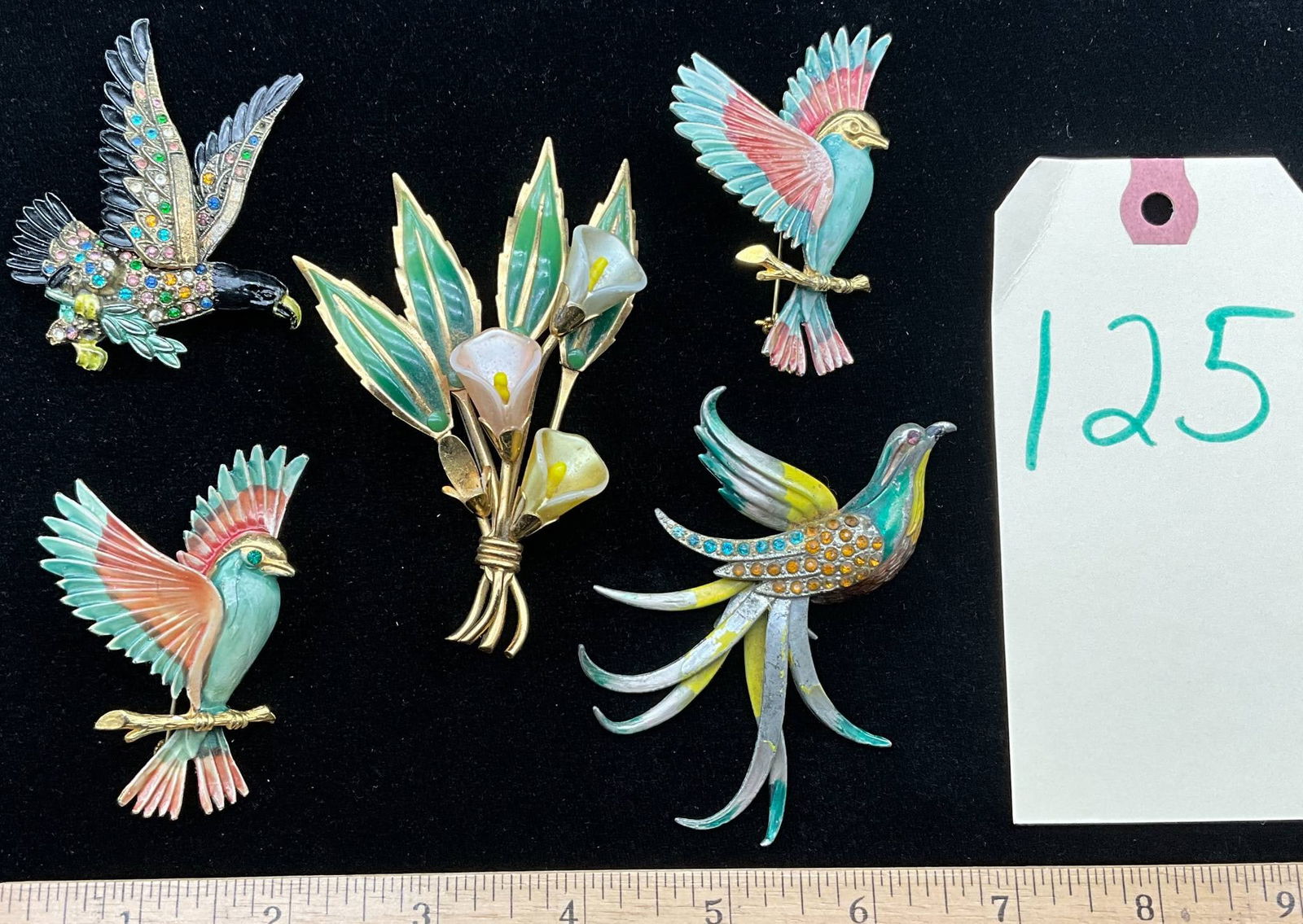 Enameled and Rhinestone Pins Featuring Birds and Floral Designs (1 of 4)