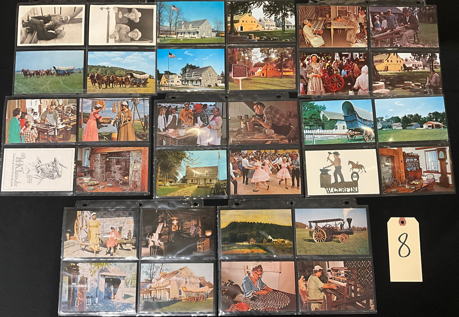A Collection of 32 Vintage Postcards: Pennsylvania Dutch Culture and Landis Valley Museum Ephemera: A collection of 32 individual vintage postcards, primarily depicting scenes related to Pennsylvania Dutch culture, historical architecture, farming life, and traditional crafts. The cards explicitly r
