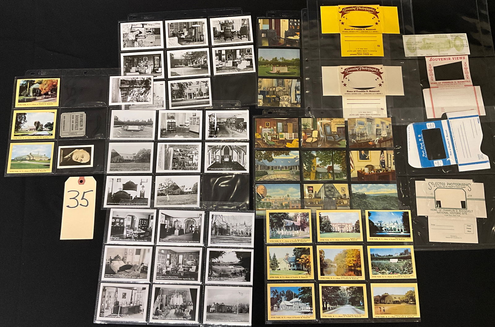 A Collection of Vintage Postcards and Ephemera related to the Home of Franklin D. Roosevelt: This collection comprises pieces of vintage postcards and paper ephemera primarily focused on the Home of Franklin D. Roosevelt and the associated Library/Museum in Hyde Park, New York. The lot includ