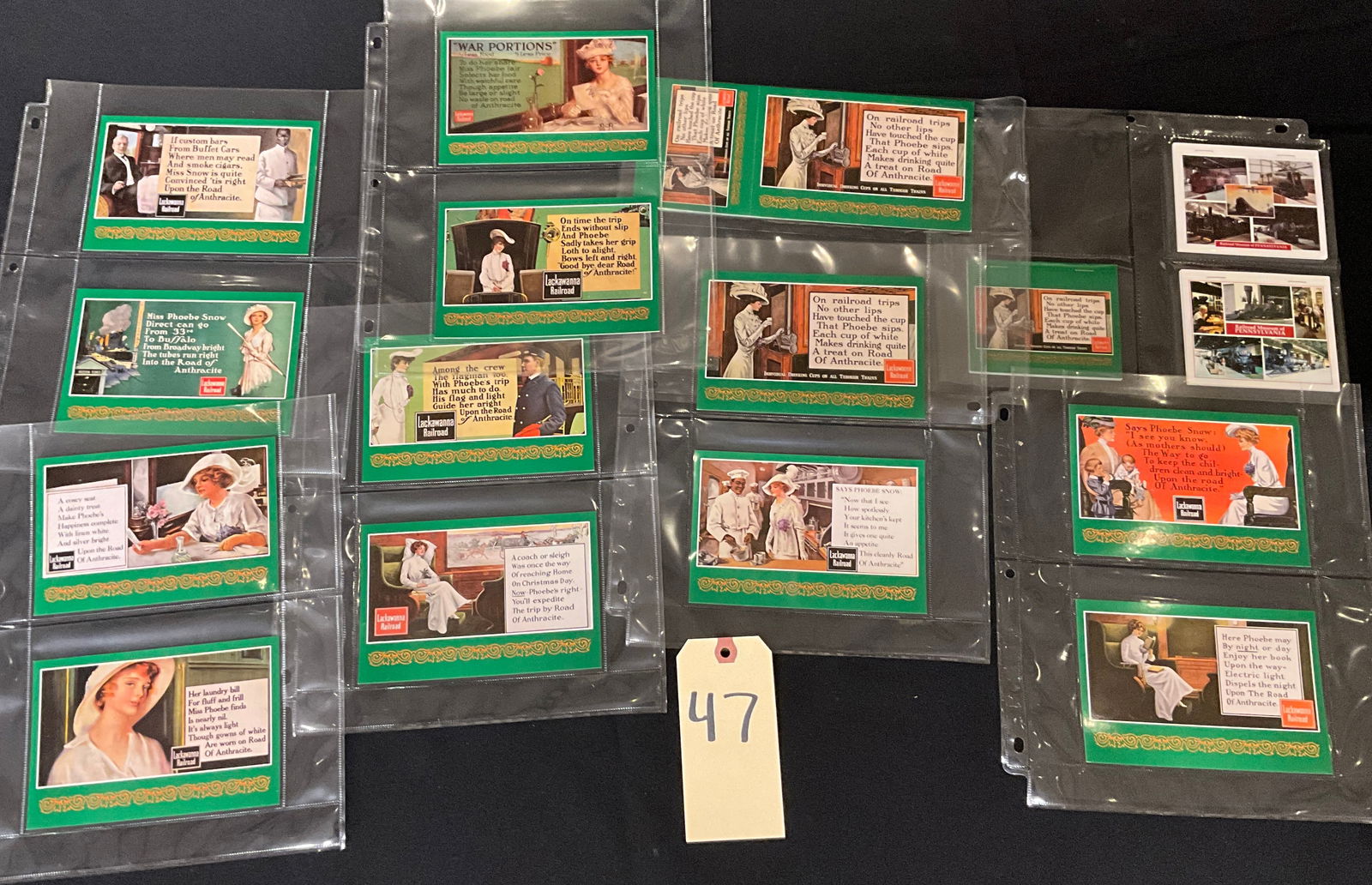 Vintage Lackawanna Railroad Phoebe Snow Advertising Post Cards and Paper Ephemera: A collection of pieces of vintage paper ephemera, primarily consisting of advertising post cards related to the Lackawanna Railroad’s famous “Phoebe Snow, Road of Anthracite”