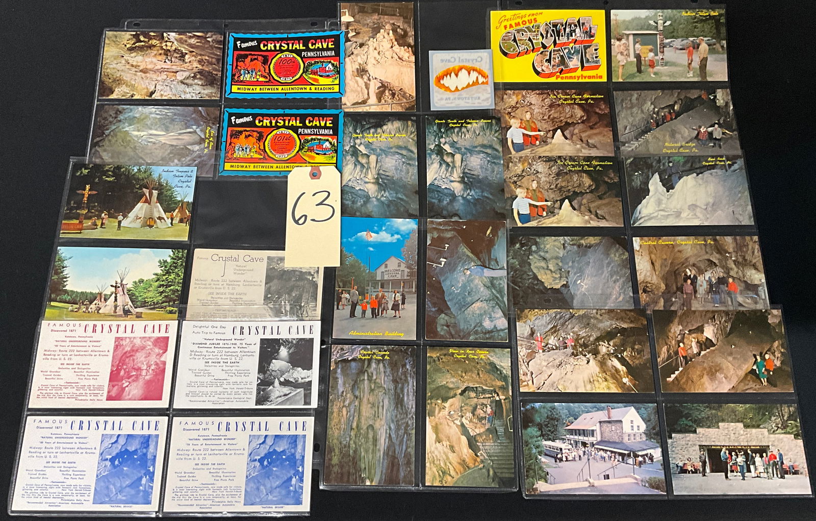 Vintage Postcards and Ephemera Collection for Crystal Cave Pennsylvania: A substantial collection of vintage postcards and paper ephemera related to the Famous Crystal Cave in Kutztown, Pennsylvania. The items, published by the Crystal Cave Company, Inc., date primarily
