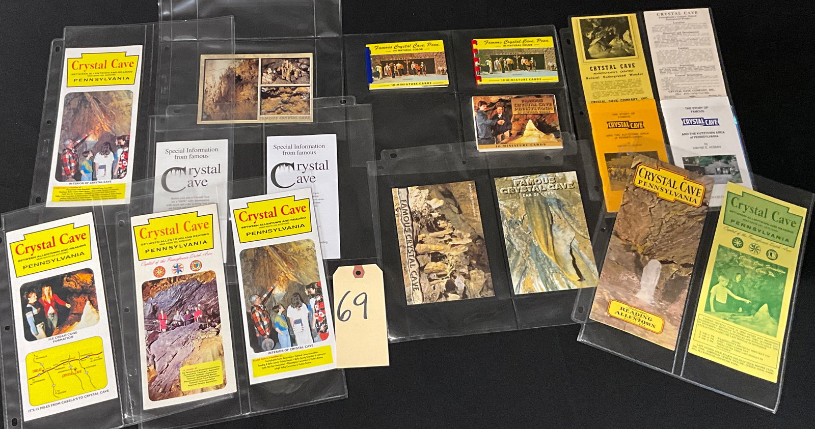 Vintage Paper Ephemera Collection Famous Crystal Cave Pennsylvania: This collection of vintage paper ephemera features multi-colored brochures and miniature card sets promoting the Famous Crystal Cave, discovered in 1871. The items include historical text and mention