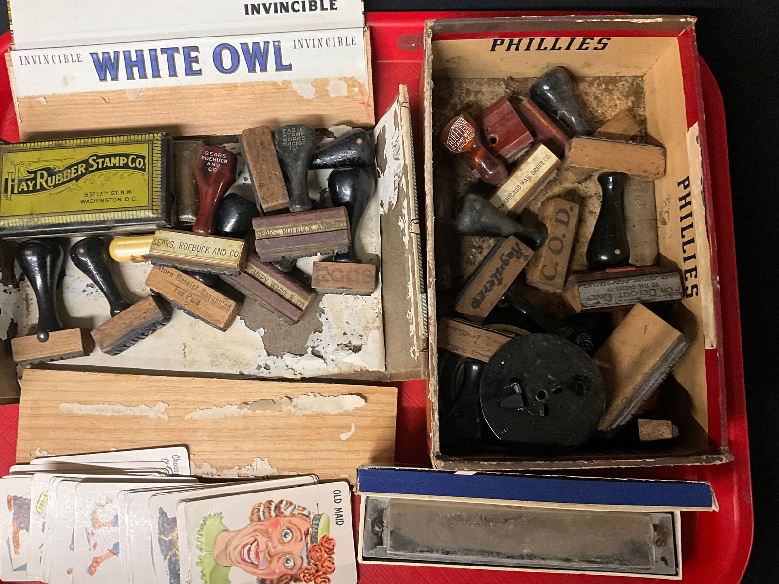 Collection of Vintage Rubber Stamps, Old Maid Cards, and Melo-Tone Harmonica Ephemera - 2