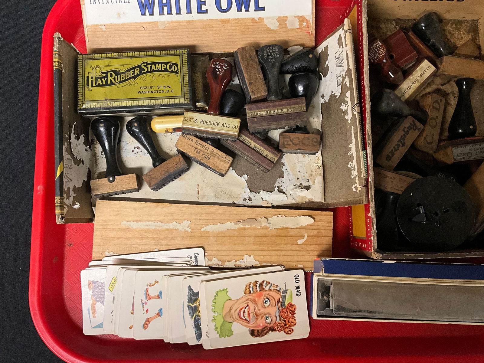 Collection of Vintage Rubber Stamps, Old Maid Cards, and Melo-Tone Harmonica Ephemera - 3