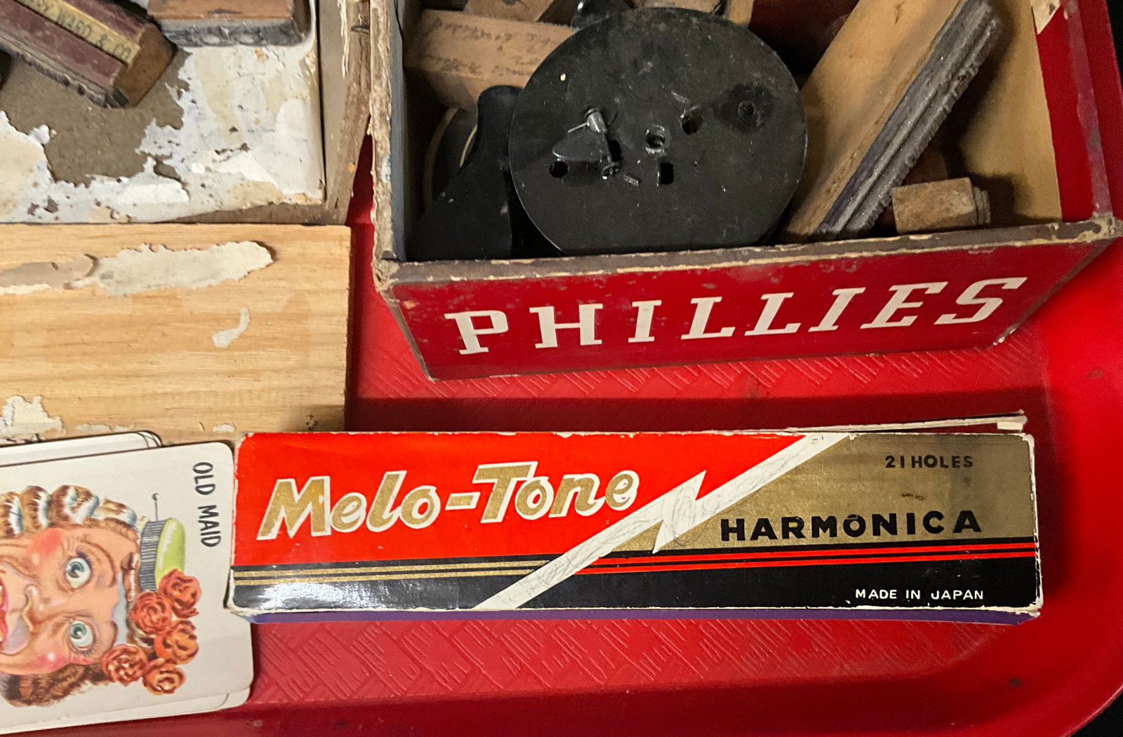 Collection of Vintage Rubber Stamps, Old Maid Cards, and Melo-Tone Harmonica Ephemera - 4