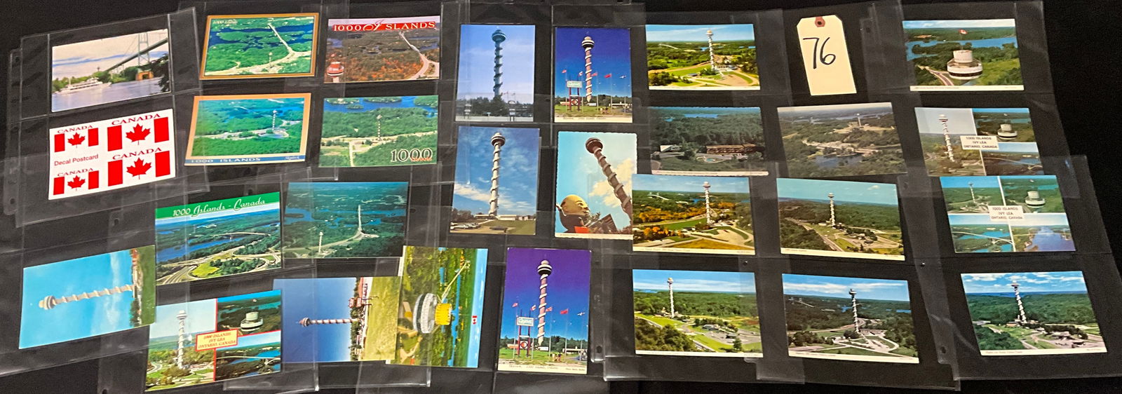 Collection of Vintage Postcards: Thousand Islands Skydeck and Ivy Lea, Ontario: A collection of 28 vintage postcards and paper ephemera documenting the Thousand Islands region, focusing heavily on the Ivy Lea, Ontario, Canada area. The collection features numerous color