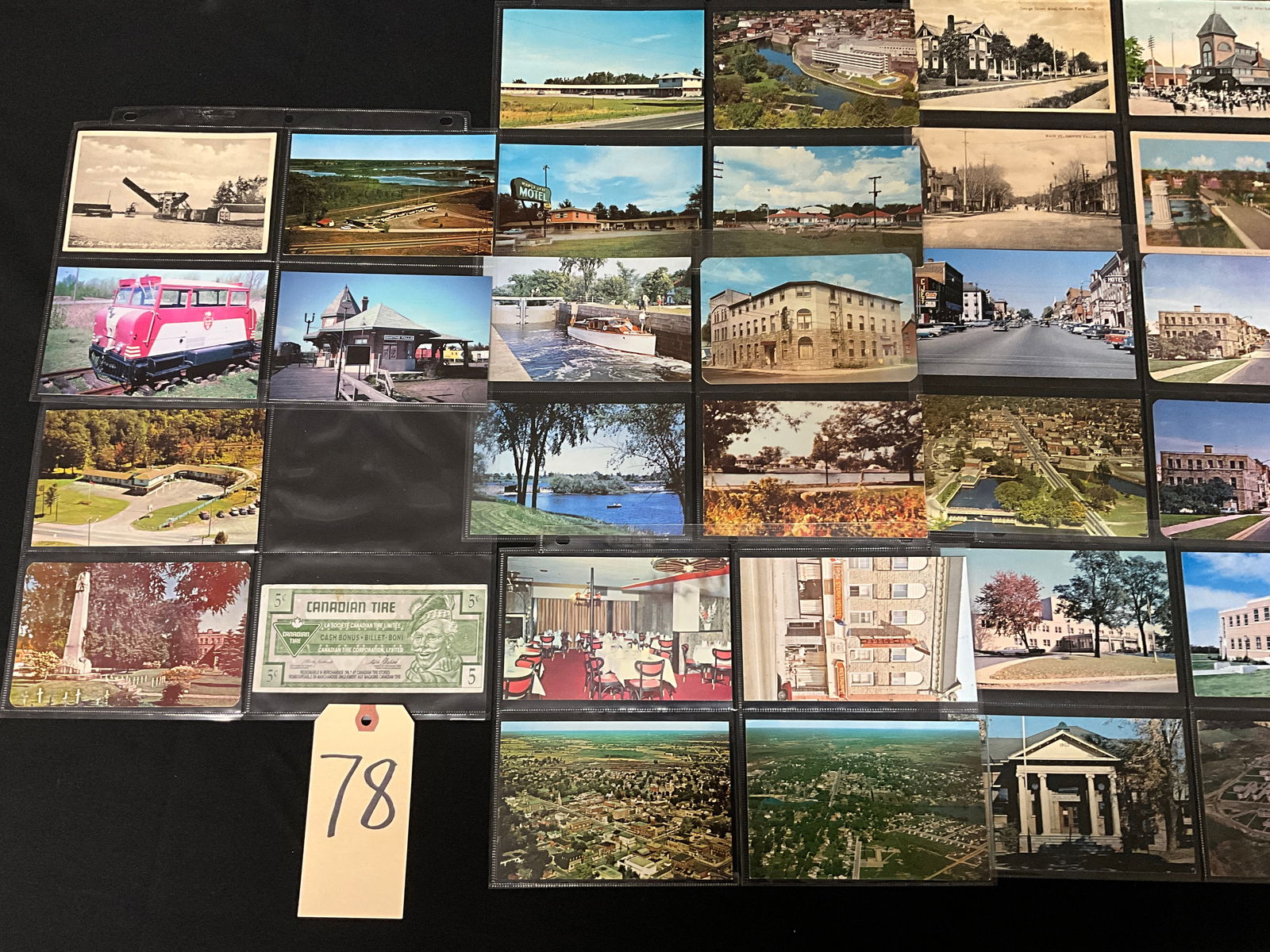 Collection of Vintage Canadian Postcards and Paper Ephemera featuring Smiths Falls, Ontario: This is a collection of vintage postcards and paper ephemera, primarily featuring Canadian locations and historical subjects. The collection includes 30 color postcards and one piece of Canadian Tire