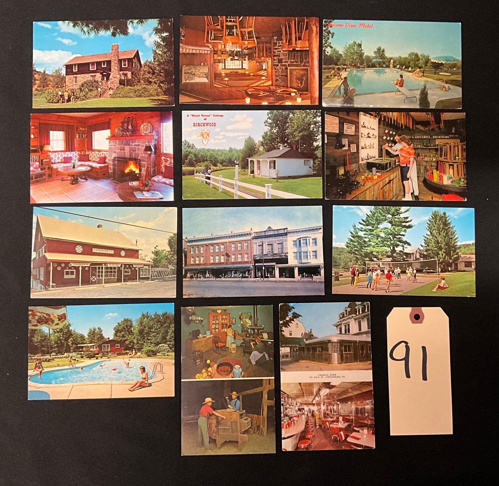 Vintage Color Photographic Postcards of the Poconos and Stroudsburg, Pennsylvania,: A collection of vintage postcards and paper ephemera documenting resorts, diners, and shops in the Poconos region and Stroudsburg, Pennsylvania, dating primarily from the 1950s and 1960s. The items ar