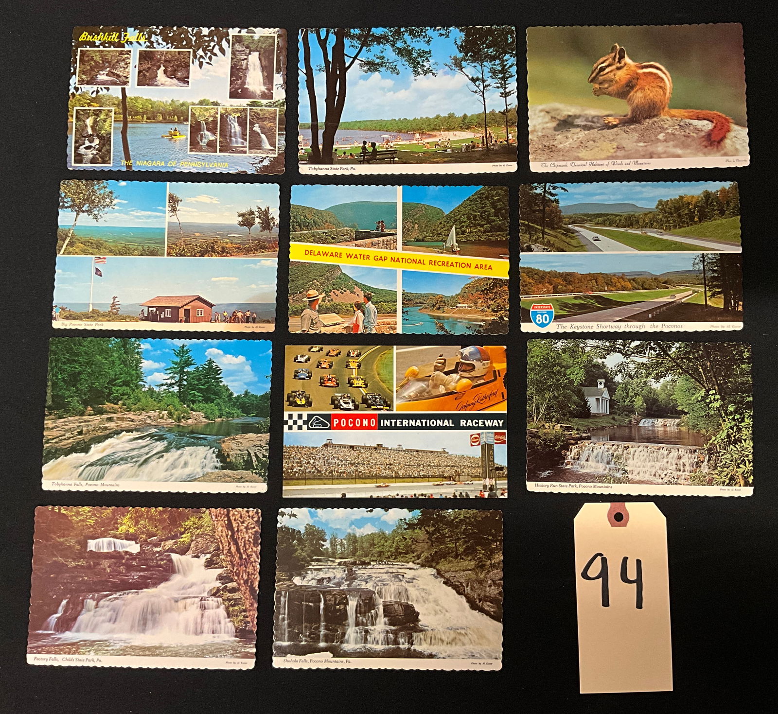 Vintage Pennsylvania Pocono Mountains Postcards Collection of Regional Ephemera: A collection of vintage photographic color postcards, constituting regional paper ephemera from Pennsylvania. The cards primarily feature scenes from the Pocono Mountains, including Bushkill Falls (Th