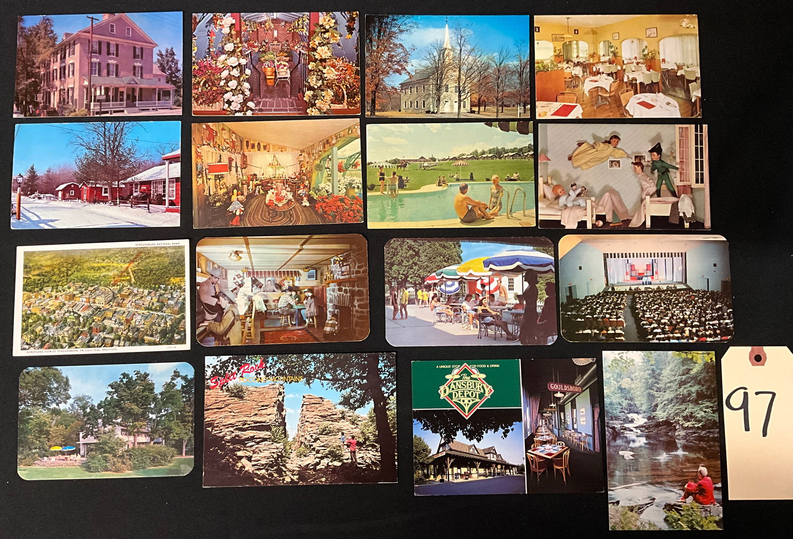 Pocono Mountains Tourism Postcards Collection, Mid-20th Century Ephemera: A collection of vintage postcards and paper ephemera documenting tourism and resort life in the Pocono Mountains region of Pennsylvania during the mid-20th century. These color lithographic postcards