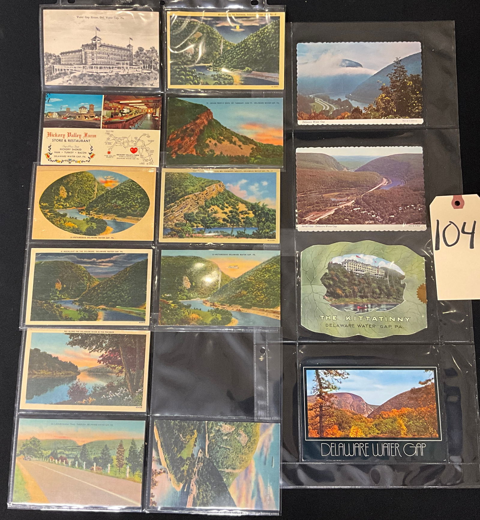 Vintage Postcards Collection Delaware Water Gap Pennsylvania New Jersey Ephemera: A collection of vintage postcards and paper ephemera documenting the scenic Delaware Water Gap area of Pennsylvania and New Jersey. The collection features various views including the Upper Cap