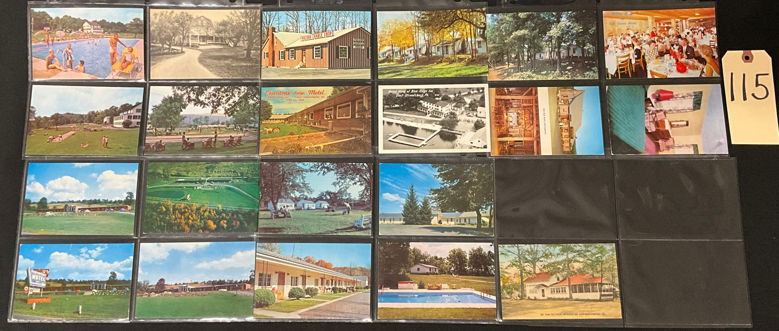 Vintage Pocono Mountains Pennsylvania Photo Postcards Ephemera Collection: A collection of vintage color photo postcards and paper ephemera promoting tourism and leisure in the Pocono Mountains region of Pennsylvania. These mid-20th century cards, generally dating from the 1