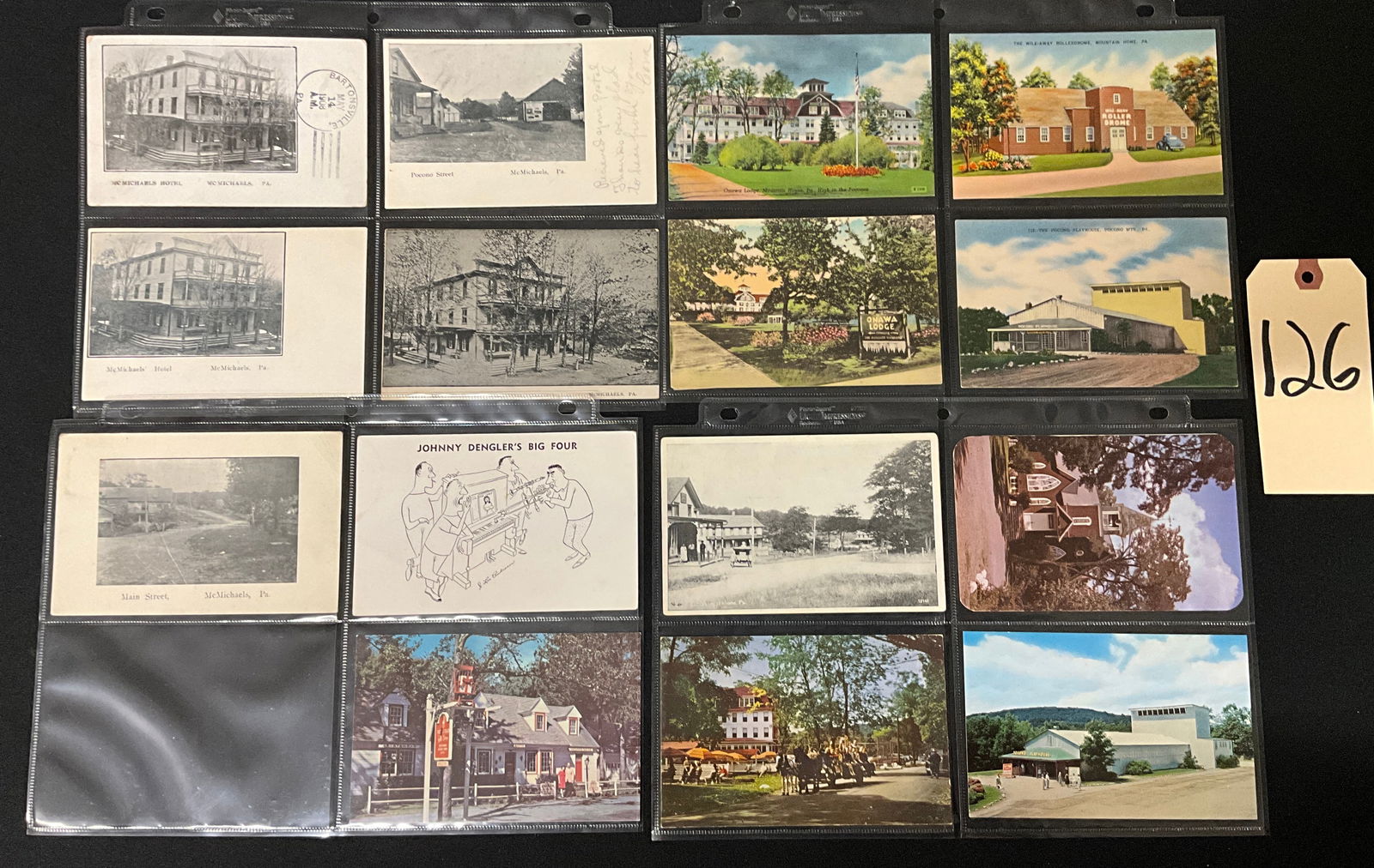 Vintage Postcards Collection. McMichols, Pennsylvania Ephemera. Early 20th Century.: A collection of vintage postcards and paper ephemera, primarily depicting scenes from McNichols, Pennsylvania. The collection features views of local landmarks and businesses, including the MCMICHAEL