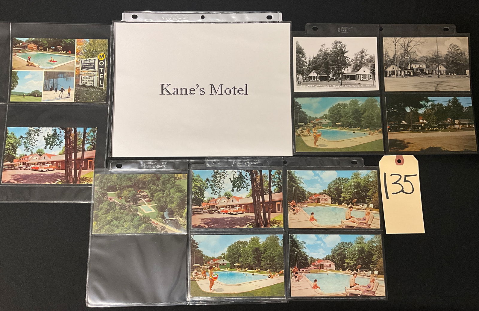 Vintage Postcard Collection of Pocono Mountains Motels: Kane's and Heritage Motels: A collection of vintage postcards and paper ephemera documenting mid-century roadside motels in the Pocono Mountains region of Pennsylvania. The grouping primarily features Kane's Motel in