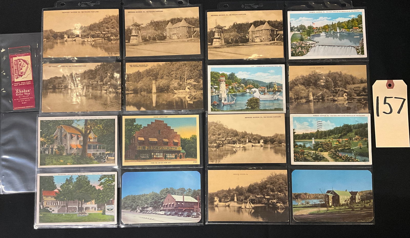 Scotrun, Pennsylvania Tourism Ephemera Collection, Redwood Fairyland and Rhodes' Inn, 1930-1950s: This collection includes 15 printed postcards and one matchbook cover documenting mid-century tourism in Scotrun, Pennsylvania. The postcards feature Redwood: The Pocono Fairyland and Rhodes� M