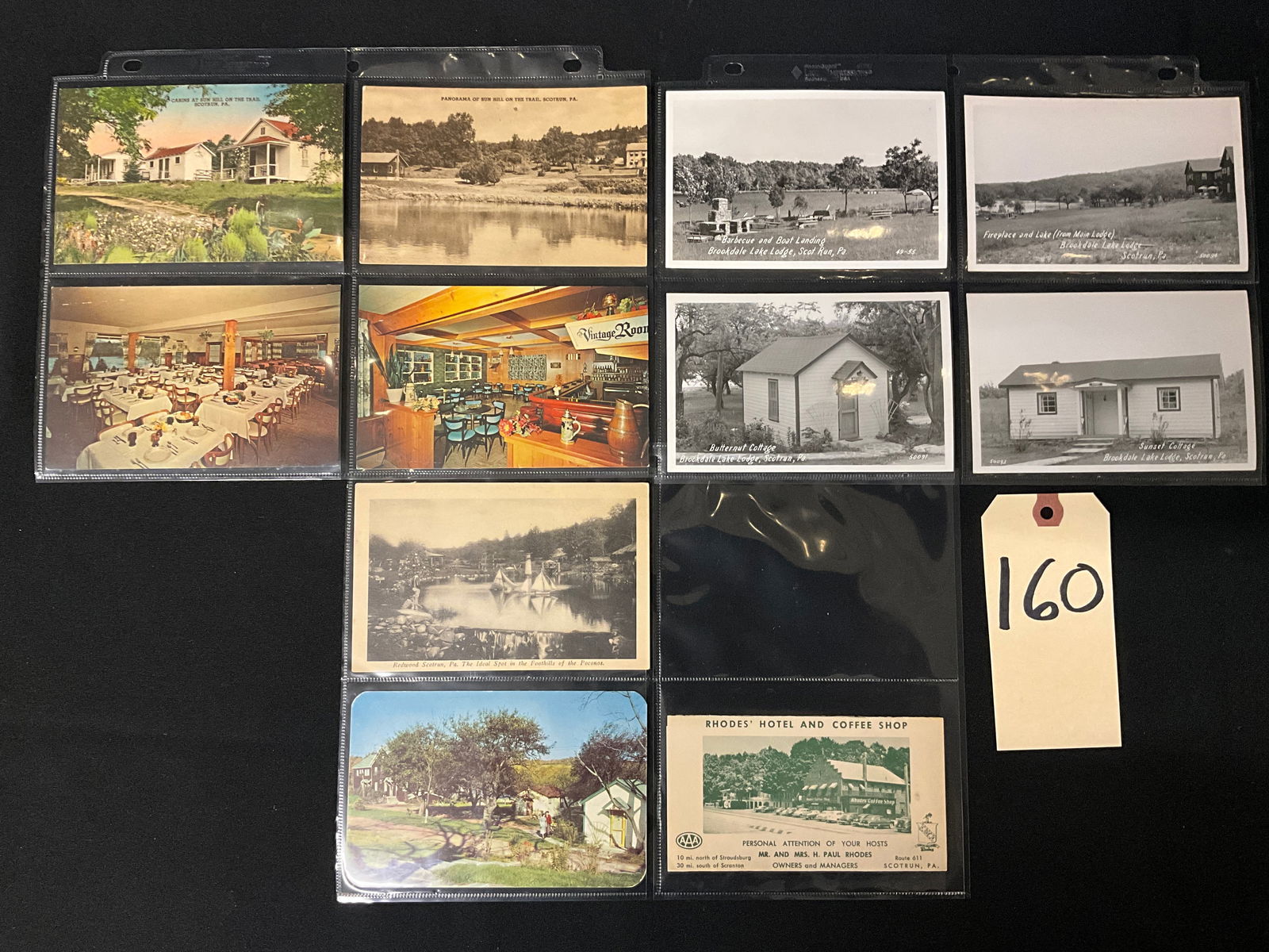 Scotrun, Pennsylvania Poconos Resort Culture, Vintage Postcard Collection (10), c. 1930s-1960s: This collection of ten unposted postcards documents mid-20th-century tourism in Scotrun, Pennsylvania, featuring a mix of linen, chrome, and black-and-white real photo (RPPC) formats. Featured locatio