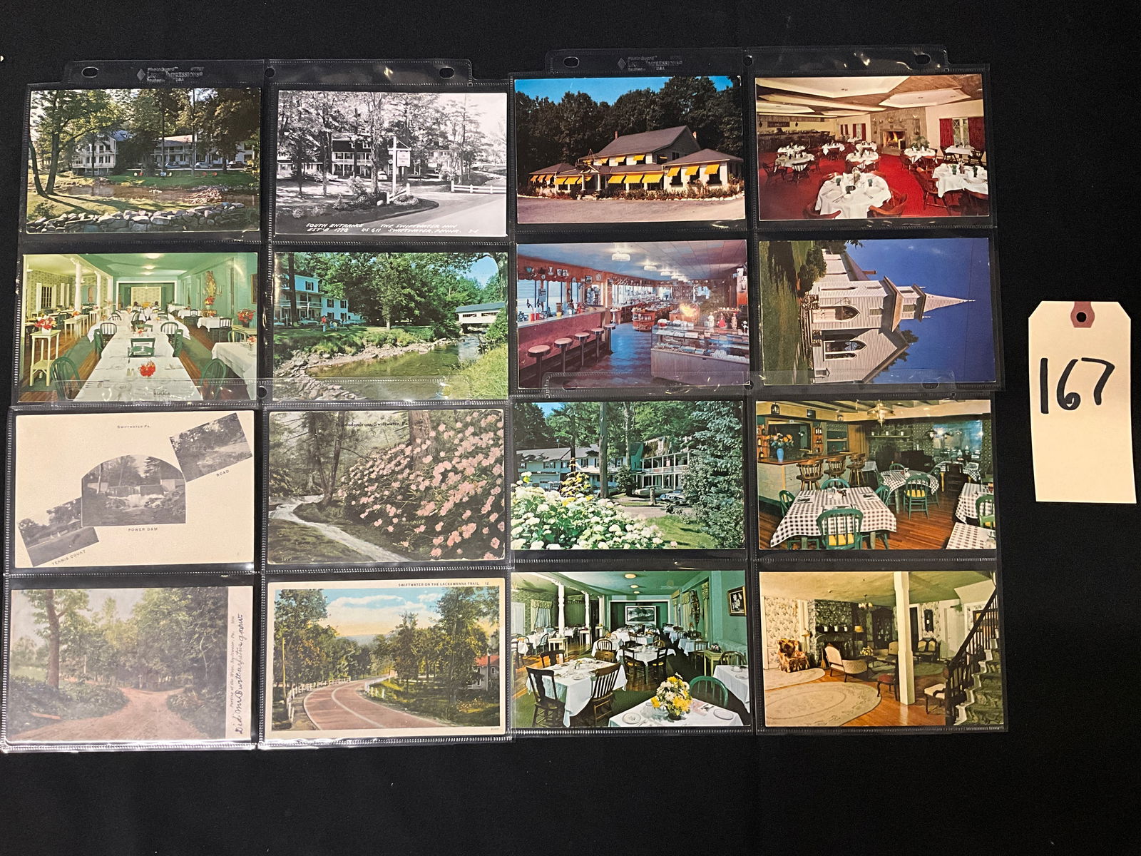 A Collection of Vintage Swiftwater Pennsylvania Postcards and Ephemera: A collection of vintage multicolored and black-and-white postcards and paper ephemera depicting various locations in Swiftwater, Pennsylvania. Featured sites include The Swiftwater Inn, Lackawanna