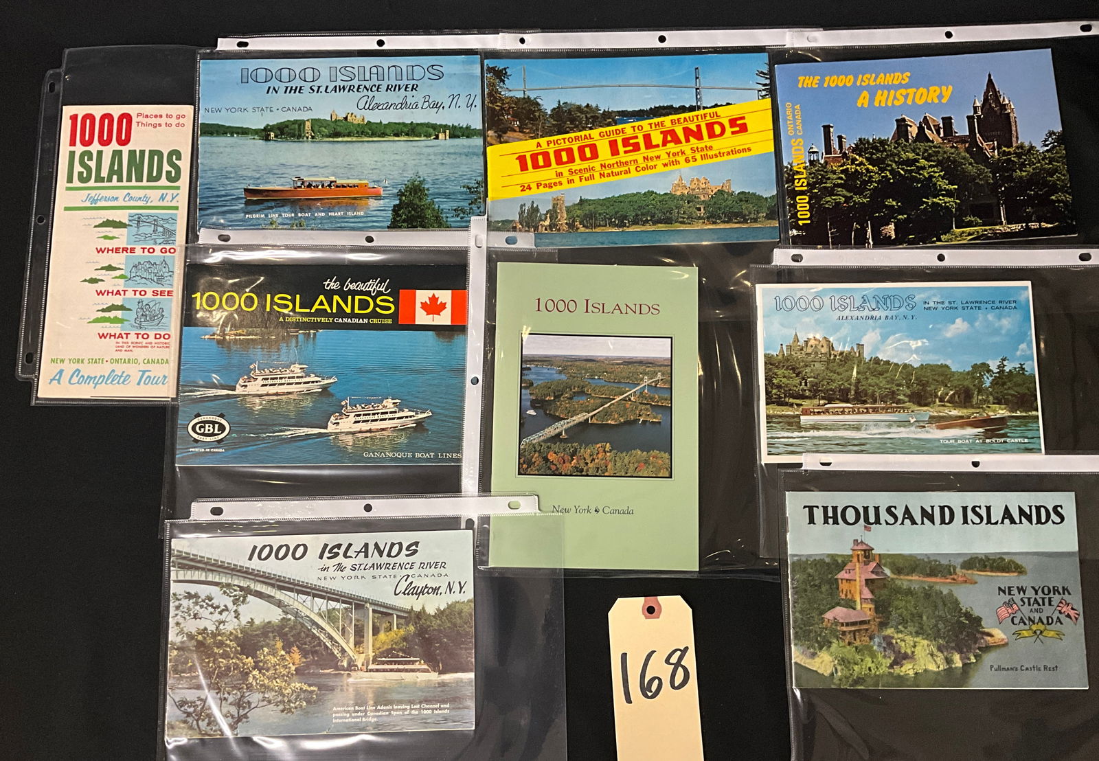 Thousand Islands Tourism Ephemera Collection, Souvenir Booklets and Brochures, Circa 1938-1950s: This collection features mid-20th-century tourism ephemera from the Thousand Islands region, including a primary souvenir view booklet dating to circa 1938-1940. The booklet contains photographic view
