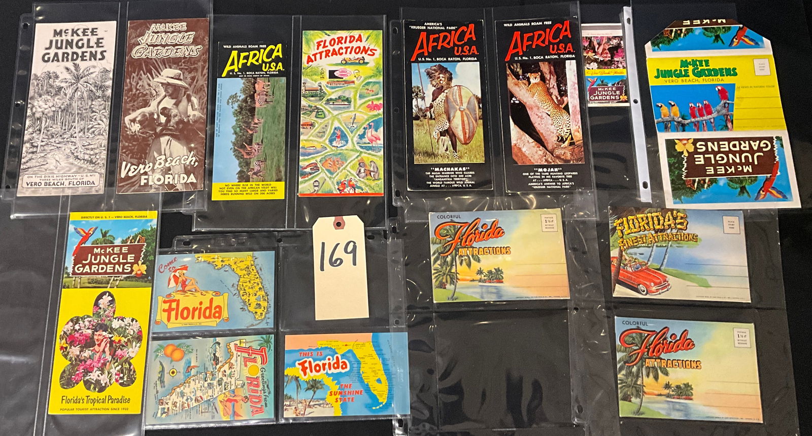 Florida Tourism and Roadside Attractions, Postcard and Brochure Collection, c. 1940s-1950s: This collection features printed paper ephemera from mid-century Florida roadside attractions, including brochures for McKee Jungle Gardens in Vero Beach and Africa U.S.A. in Boca Raton. The