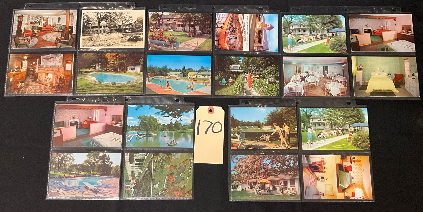 Swiftwater, PA Pocono Mountains Resort Postcards, Collection of 20, 1930s-1970s: This collection of 20 unposted postcards documents the mid-century hospitality industry in Swiftwater, Pennsylvania, within the Pocono Mountains region. The set includes 19 color photo-lithograph chro