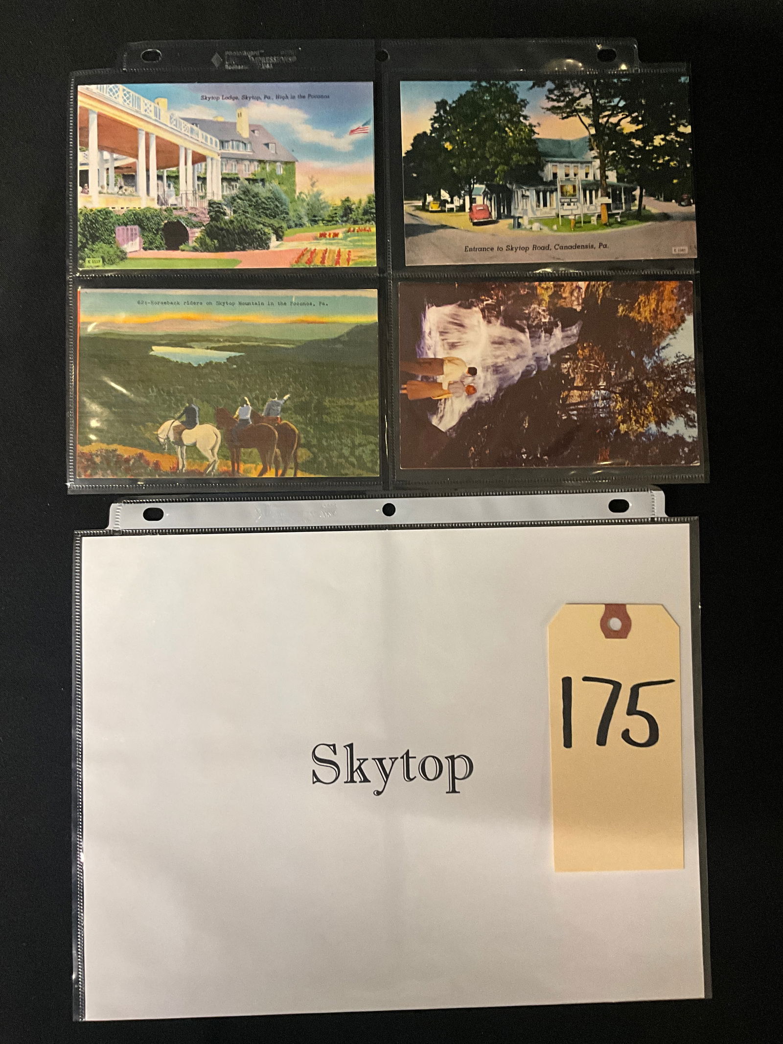 Skytop and Pocono Mountains, Pennsylvania, Vintage Postcards, Circa 1930s-1950s: This collection features four vintage printed postcards showcasing Skytop Lodge and the scenic Pocono Mountains in Pennsylvania, including three linen-style cards and one photochrome. Featured locatio