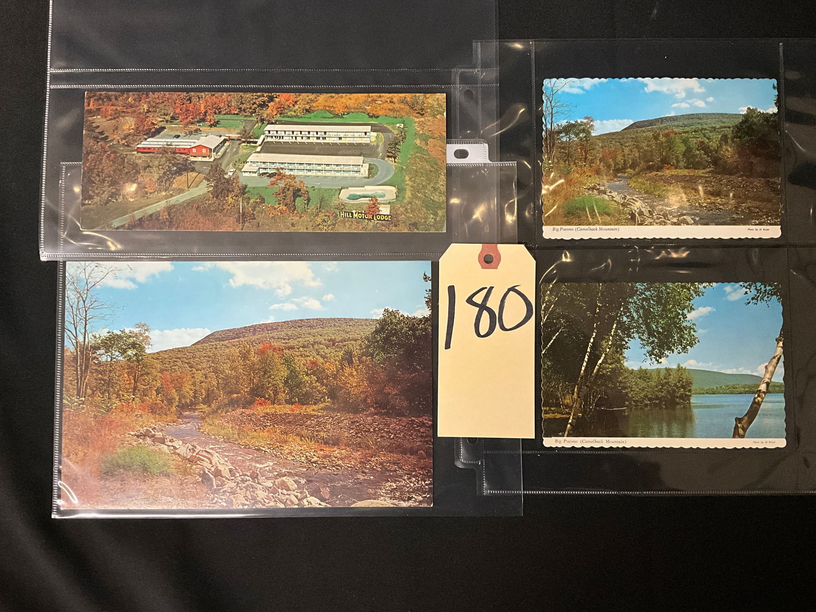 Pocono Mountains Pennsylvania Vintage Chrome Postcard Collection, Circa 1960s-1970s: This collection includes four printed chrome postcards featuring the Hill Motor Lodge and Big Pocono in Tannersville, Pennsylvania. Produced by Albert W. Koster of Pocono Scenicards & Photographs and