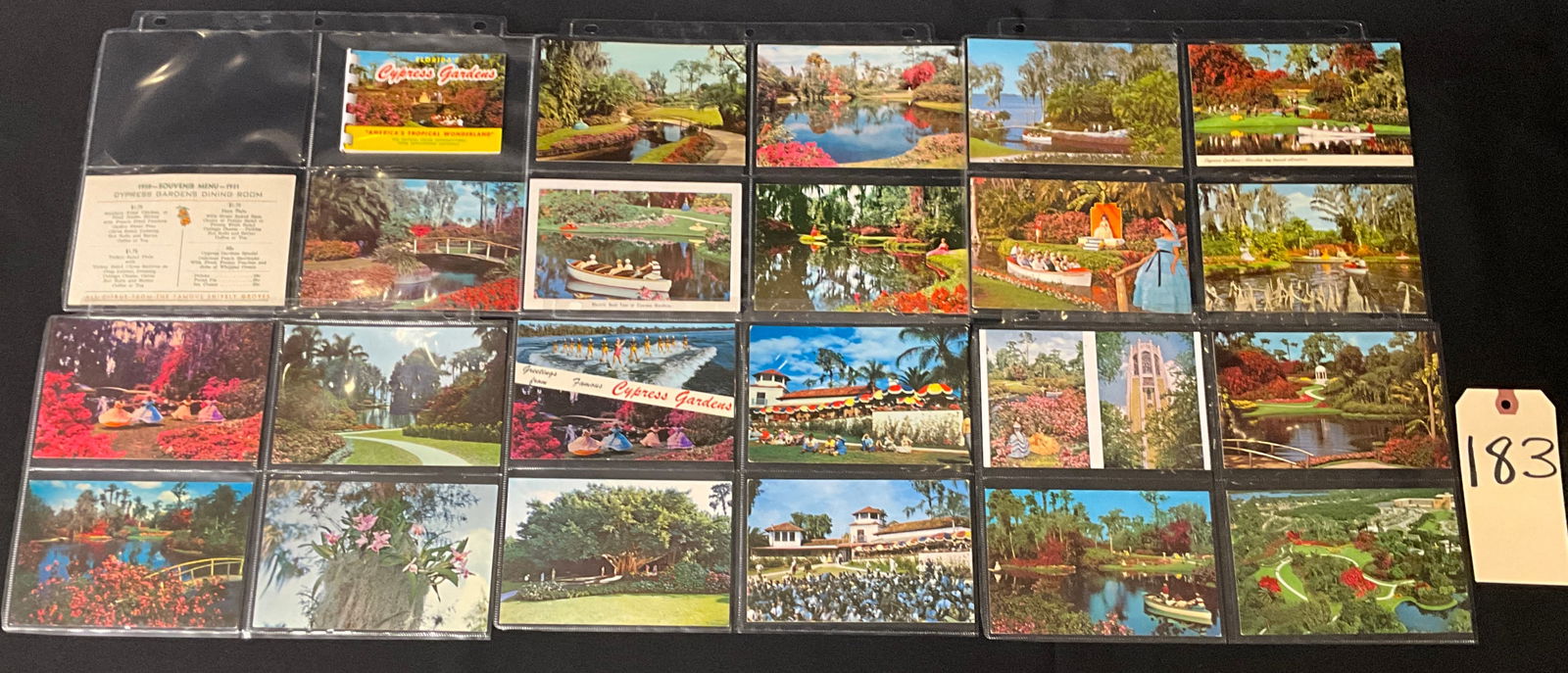 Florida Cypress Gardens Souvenir Ephemera Collection, 1950-1972: This collection includes 20 printed Chrome era postcards, a spiral-bound photo booklet, and a souvenir menu from Florida's historic Cypress Gardens. Spanning 1950 to 1972, the items feature publishers