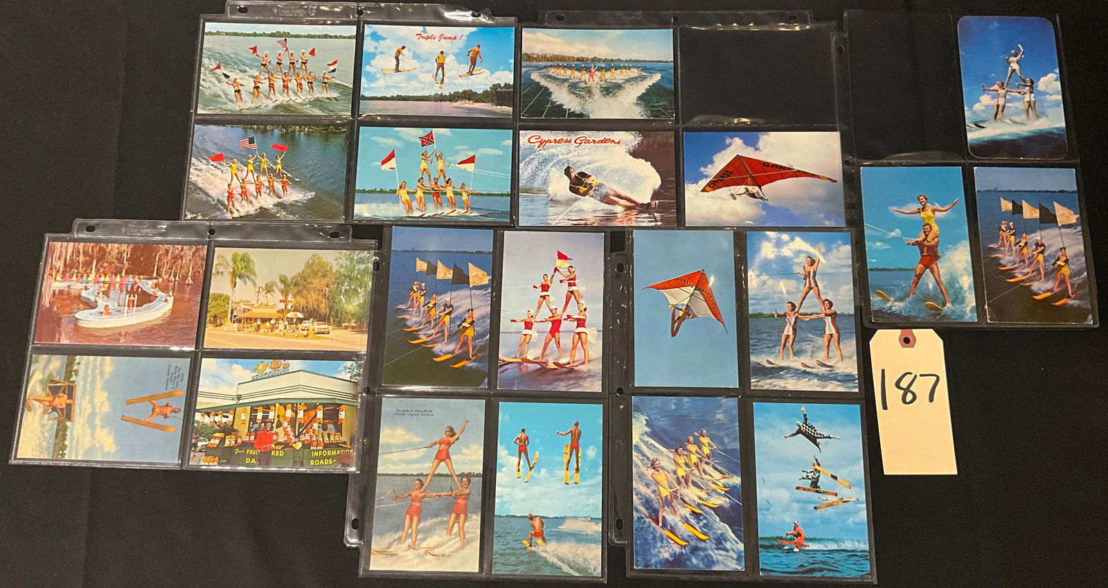 Cypress Gardens Florida Water Skiing Postcard Collection, Circa 1950s-1970s: This collection of approximately 19 vintage postcards primarily features Chrome era color photo lithographs of Cypress Gardens in Winter Haven, Florida. The imagery documents iconic mid-century touris