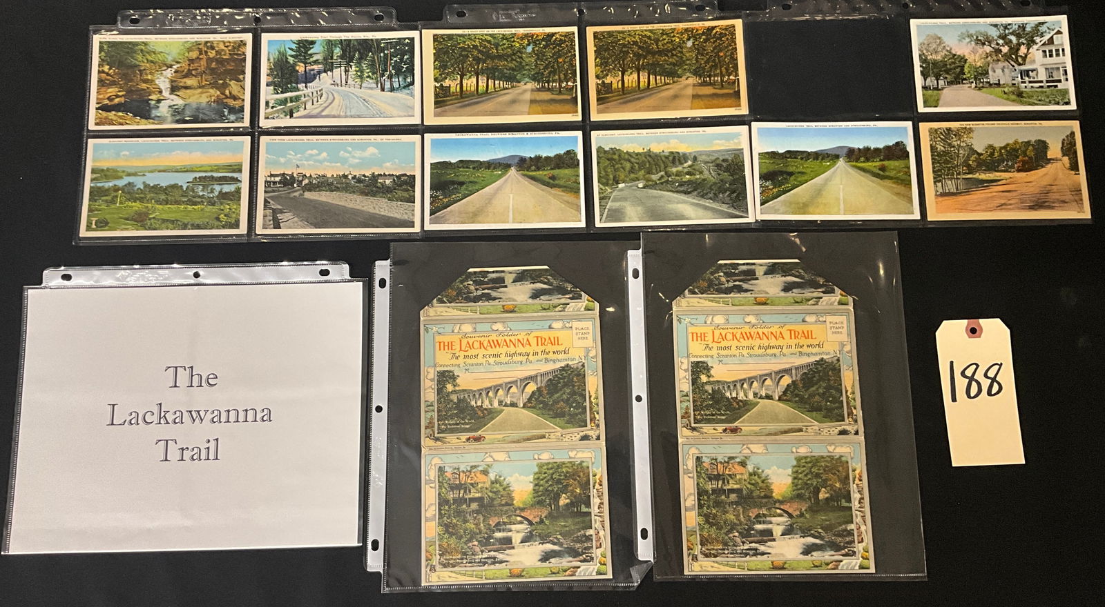 Lackawanna Trail Postcards and Souvenir Folders, Scranton PA to Binghamton NY, c. 1921-1925: This collection features 10 printed color postcards and two accordion-style souvenir folders documenting the Lackawanna Trail between Scranton, Pennsylvania, and Binghamton, New York. Produced circa