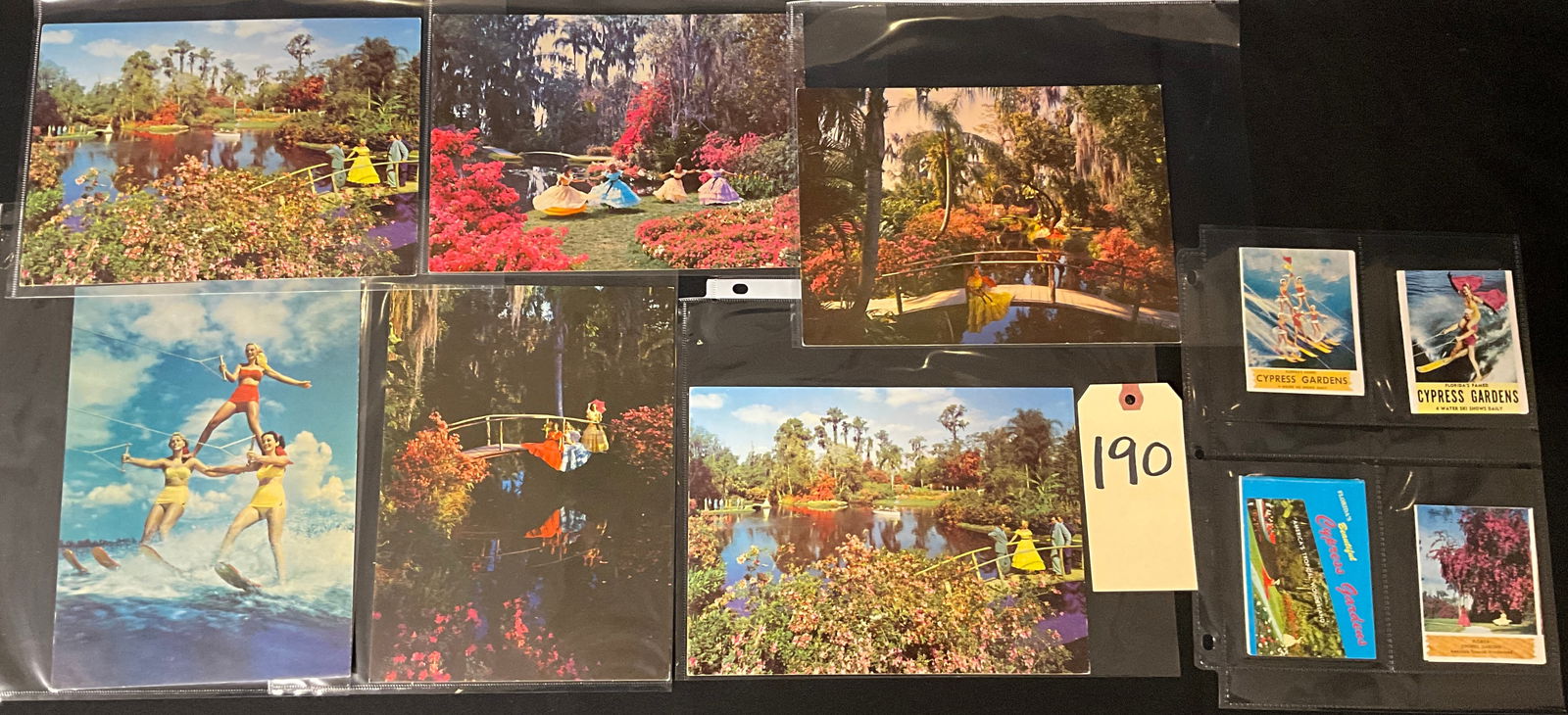 Cypress Gardens Florida, Postcard and Ephemera Lot, circa 1950s: This collection features six oversized printed chrome era postcards and eight decorative souvenir labels from Cypress Gardens, Florida, dating to the late 1950s. Published by Natural Color Publishers